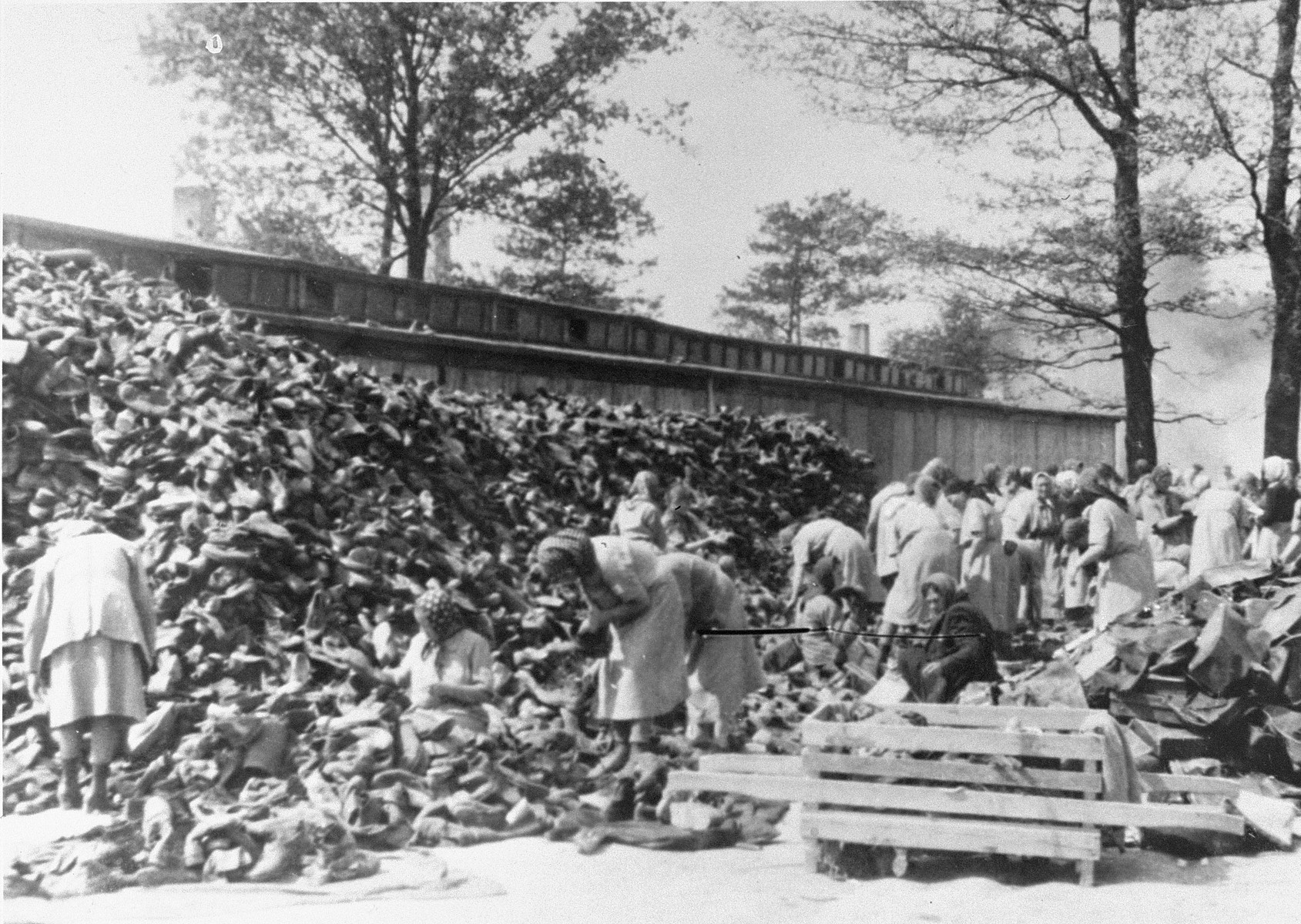 Auschwitz women inmates sort through a huge pile of shoes from the transport of Hungarian Jews. 

Female prisoners in the Aufräumungskommando (order commandos) sort through a pile of shoes confiscated from a transport of Jews from Carpathian Ruthenia at a warehouse in Auschwitz-Birkenau.

The camp prisoners came to refer to the looted property as "Kanada," associating it with the riches symbolized by Kanada.  The members of this commando were almost exclusively Jews.  "Kanada" storage facilities occupied several dozen barracks and other buildings around the camp.  The looted property was funneled from Auschwitz through an extensive distribution network that served many individuals and various economic branches of the Third Reich.