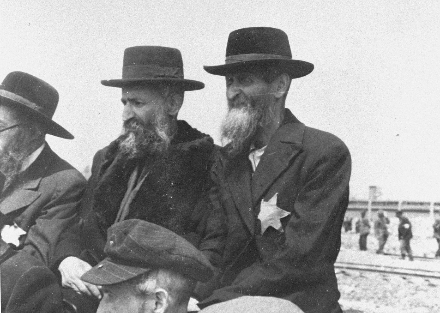 A group of religious Jews from Subcarpathian Rus wait on the ramp at Auschwitz-Birkenau.