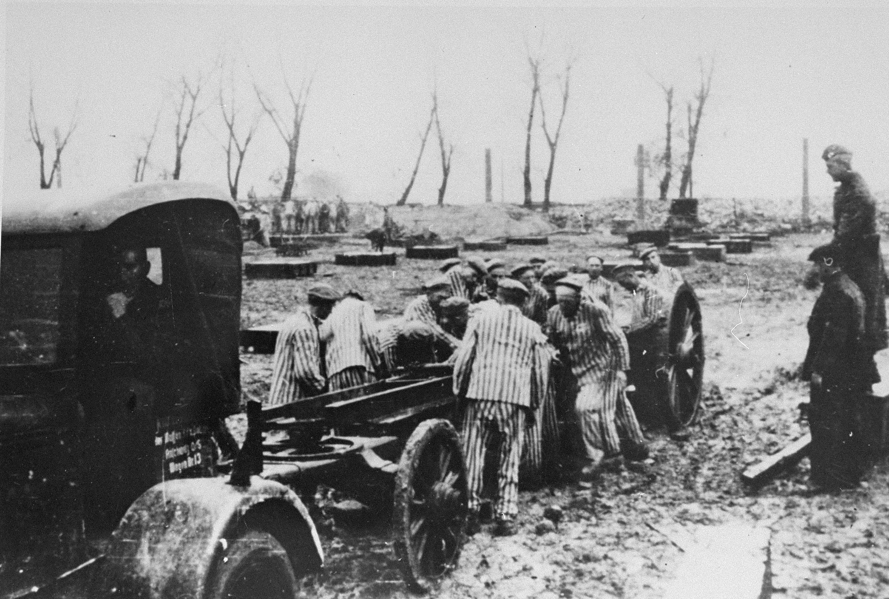 Prisoners at forced labor constructing the Krupp factory at Auschwitz.