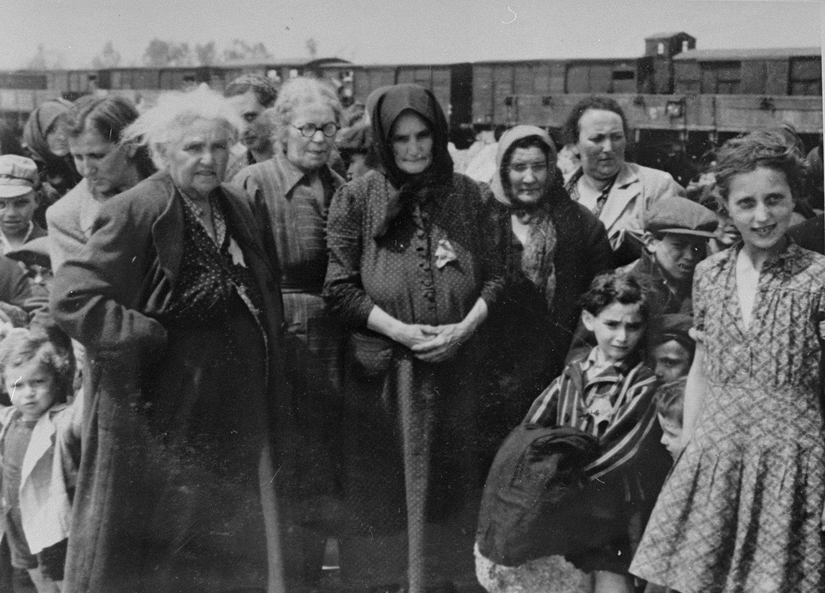 Jewish women and children from Subcarpathian Rus await selection on the ramp at Auschwitz-Birkenau.

The girl on the right has been identified as  Bella Lebovic from Tacavo.