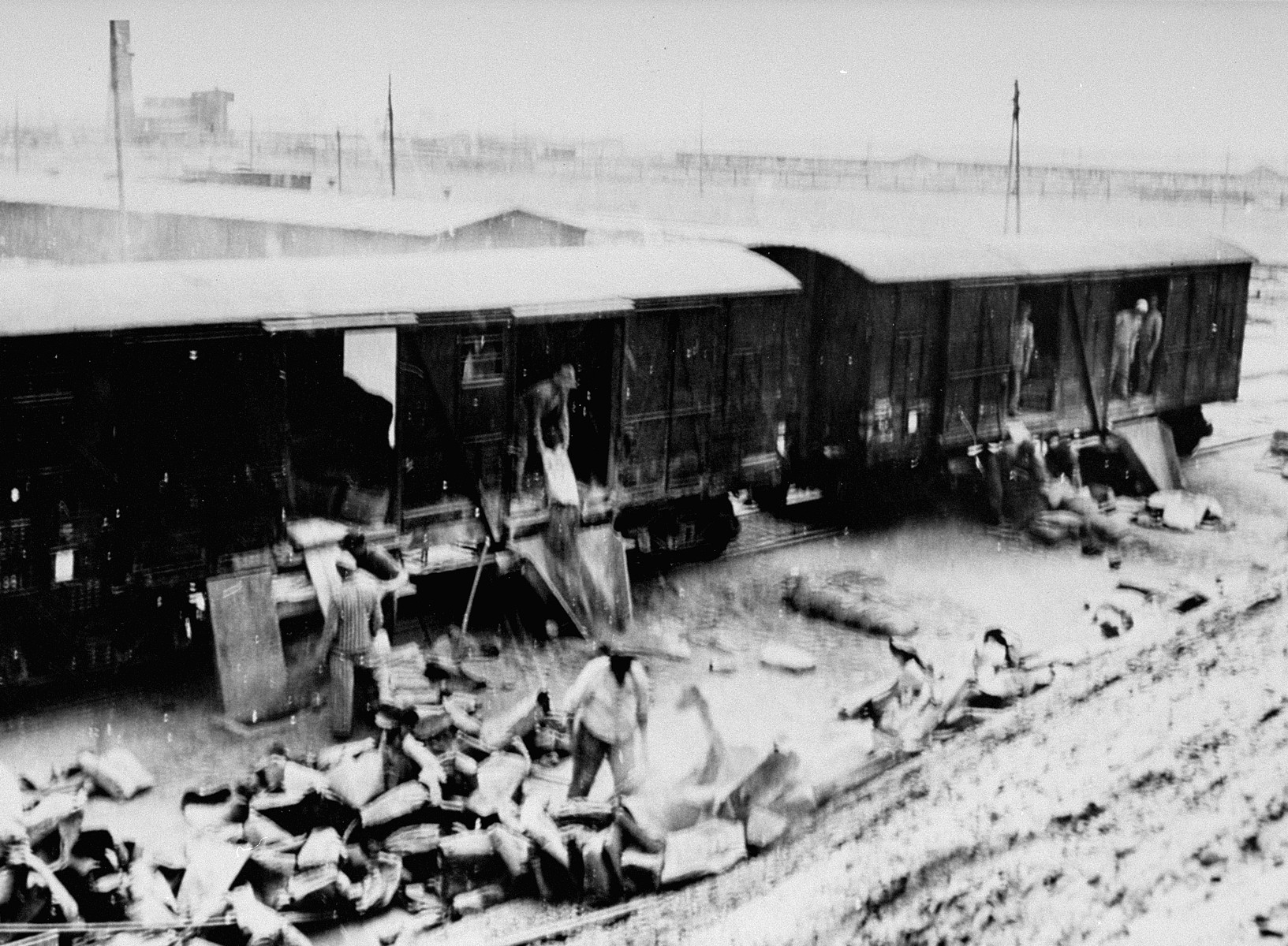 Auschwitz prisoners unload railcars containing cement at the I.G. Farben factory in Auschwitz-Monowitz.

This photograph was used as evidence at the I.G. Farben trial in Nuremberg.

The original caption reads: "Ambros No. 10.  An original photo made in Auschwitz representing the concrete factory I F 523, where the cement cars are being unloaded."