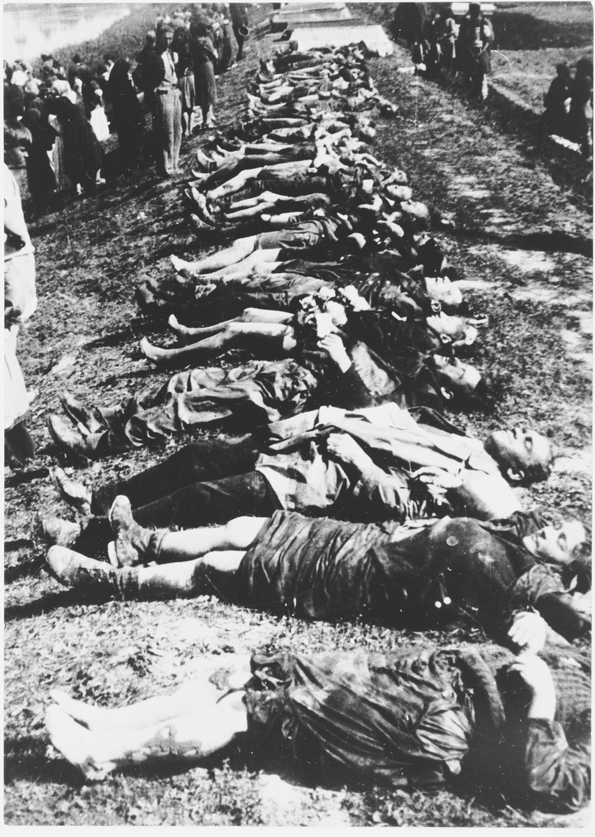 A group of men and women view the bodies of concentration camp victims that have been laid out in a row on the banks of the Sava River.