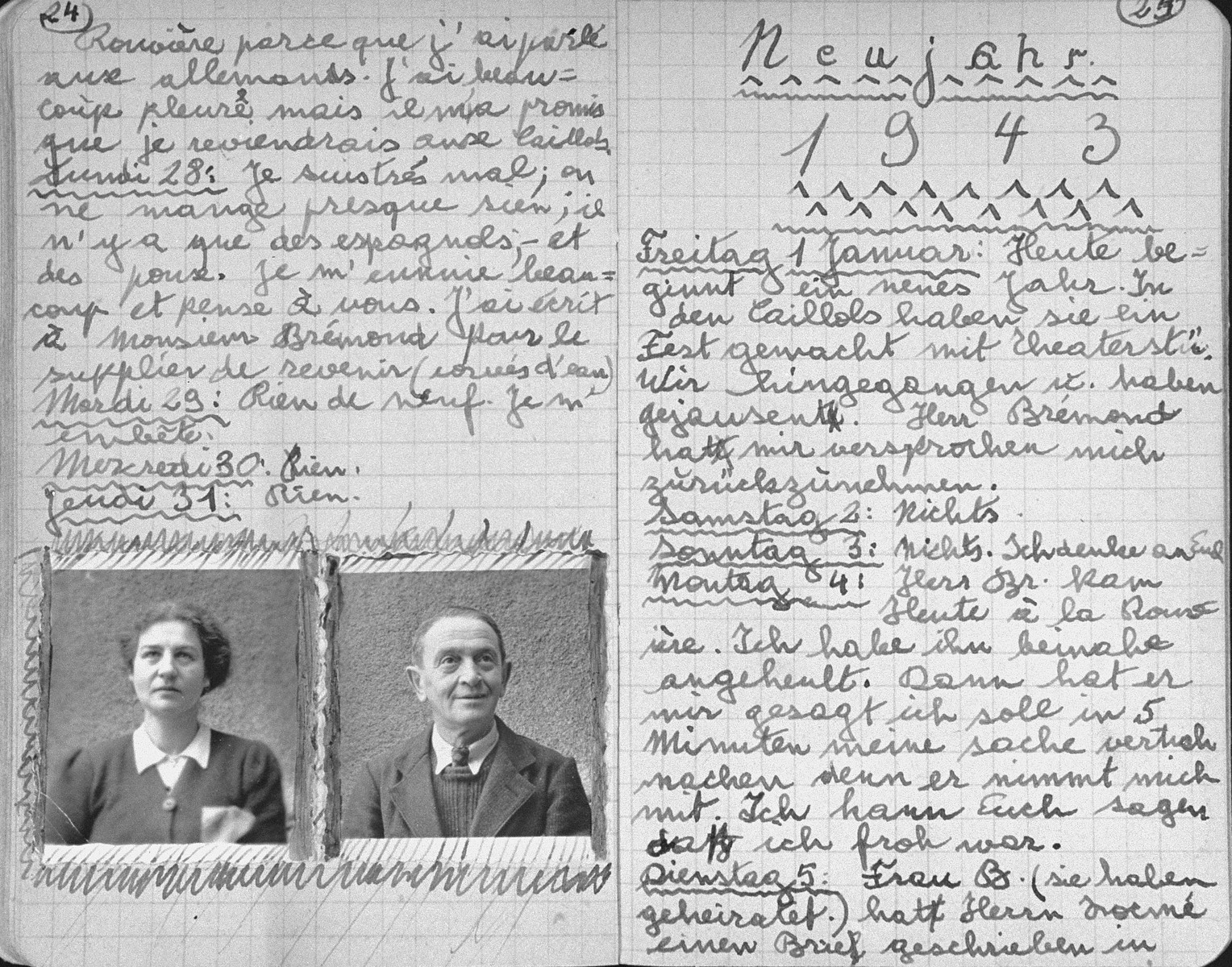 One page of a journal kept by Klaus Peter (later Pierre) Feigl, an Austrian/German Jewish refugee child living in France during World War II.  

The page at the left includes pasted in photographs of the diarist's parents, Ernst and Agnes Feigl, who perished during the war.  The page at the right is dated "New Year 1943."