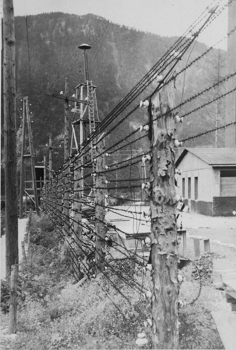 View of the electrified fence that surrounded Ebensee, a sub-camp of Mauthausen.  

The original caption reads: "The charged wires that surrounded the camp and lookout tower,"