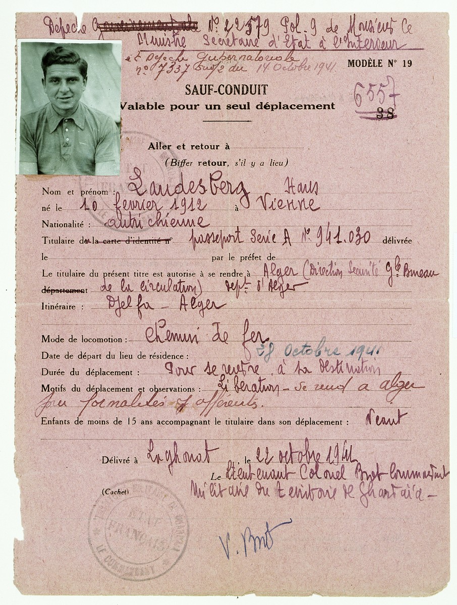 Safe conduct pass issued to Hans Landesberg in the Djelfa internment camp releasing him to leave for Algiers.