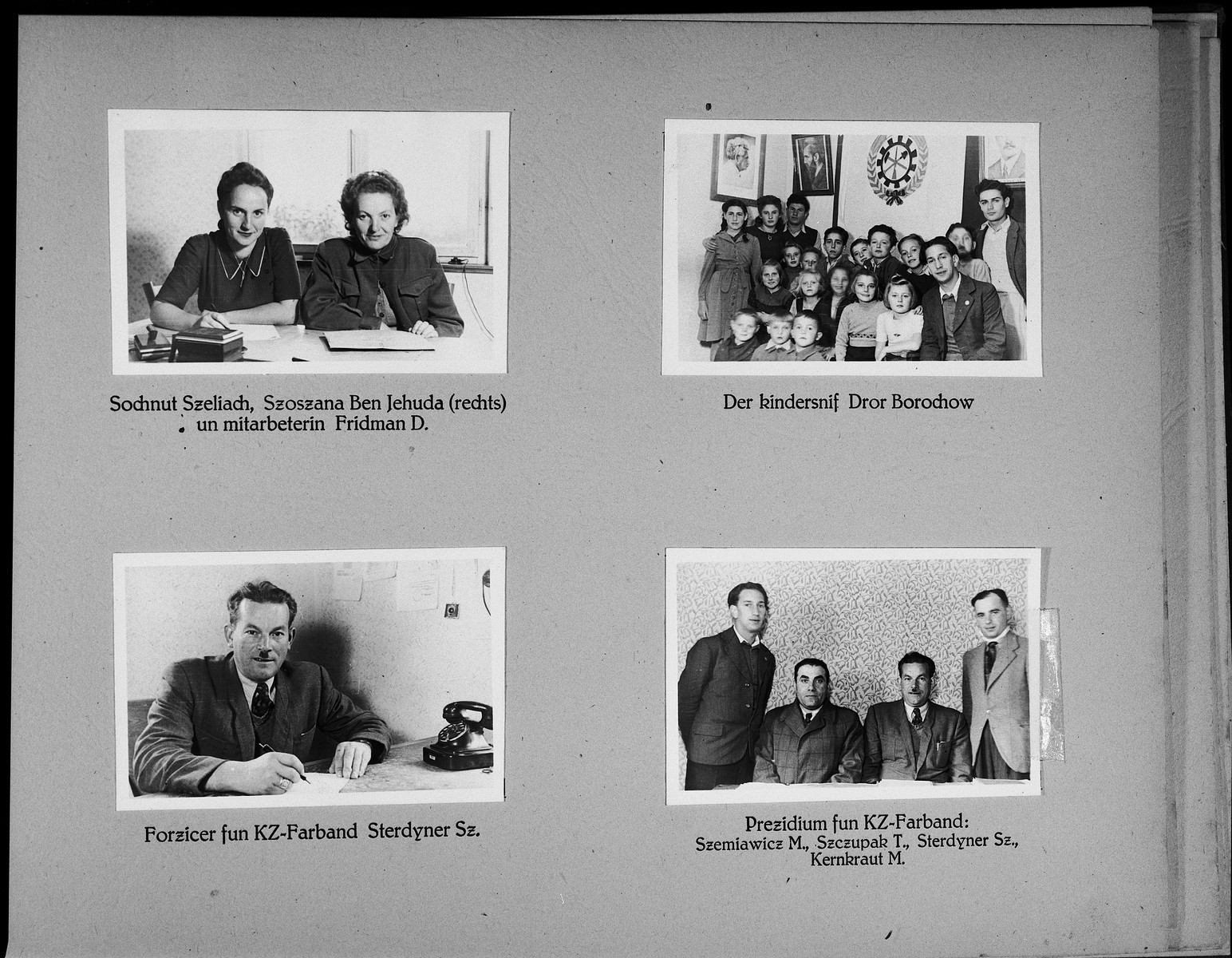 Page from a photo album of the Wasseralfingen DP camp showing members of the the camp's administration, emmisaries from the Jewish Agency, and children of the Dror Zionist youth movement.