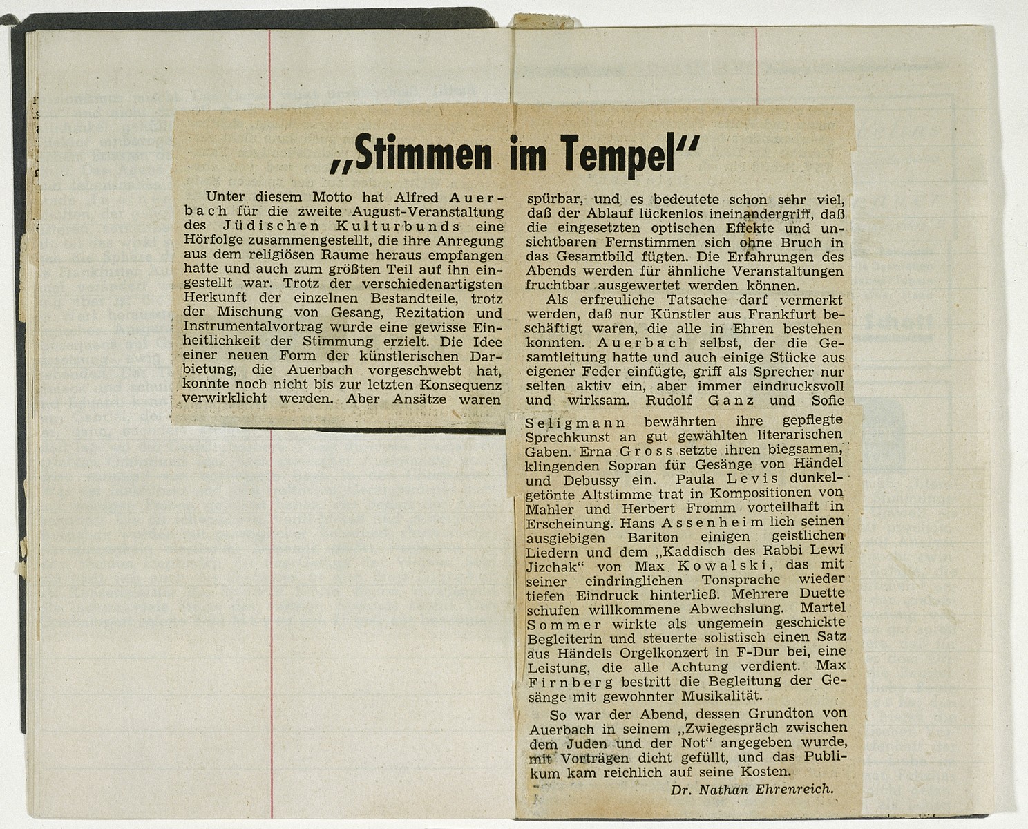 One page of a booklet containing newspaper clippings of concert reviews kept by Marthel Sommer, organist and pianist in the Juedischer Kulturbund [the Jewish Cultural Association] of Germany.