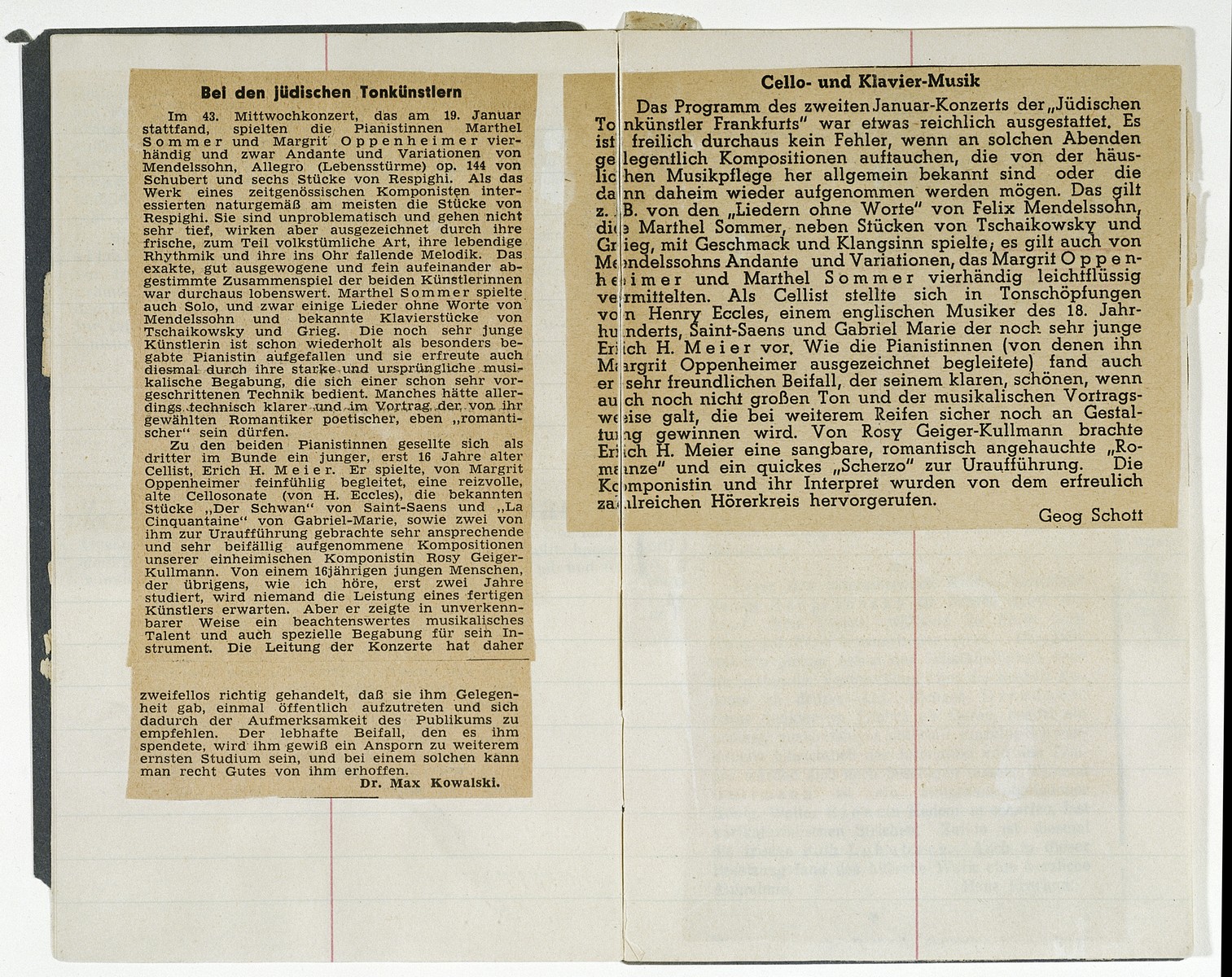 One page of a booklet containing newspaper clippings of concert reviews kept by Marthel Sommer, organist and pianist in the Juedischer Kulturbund [the Jewish Cultural Association] of Germany.