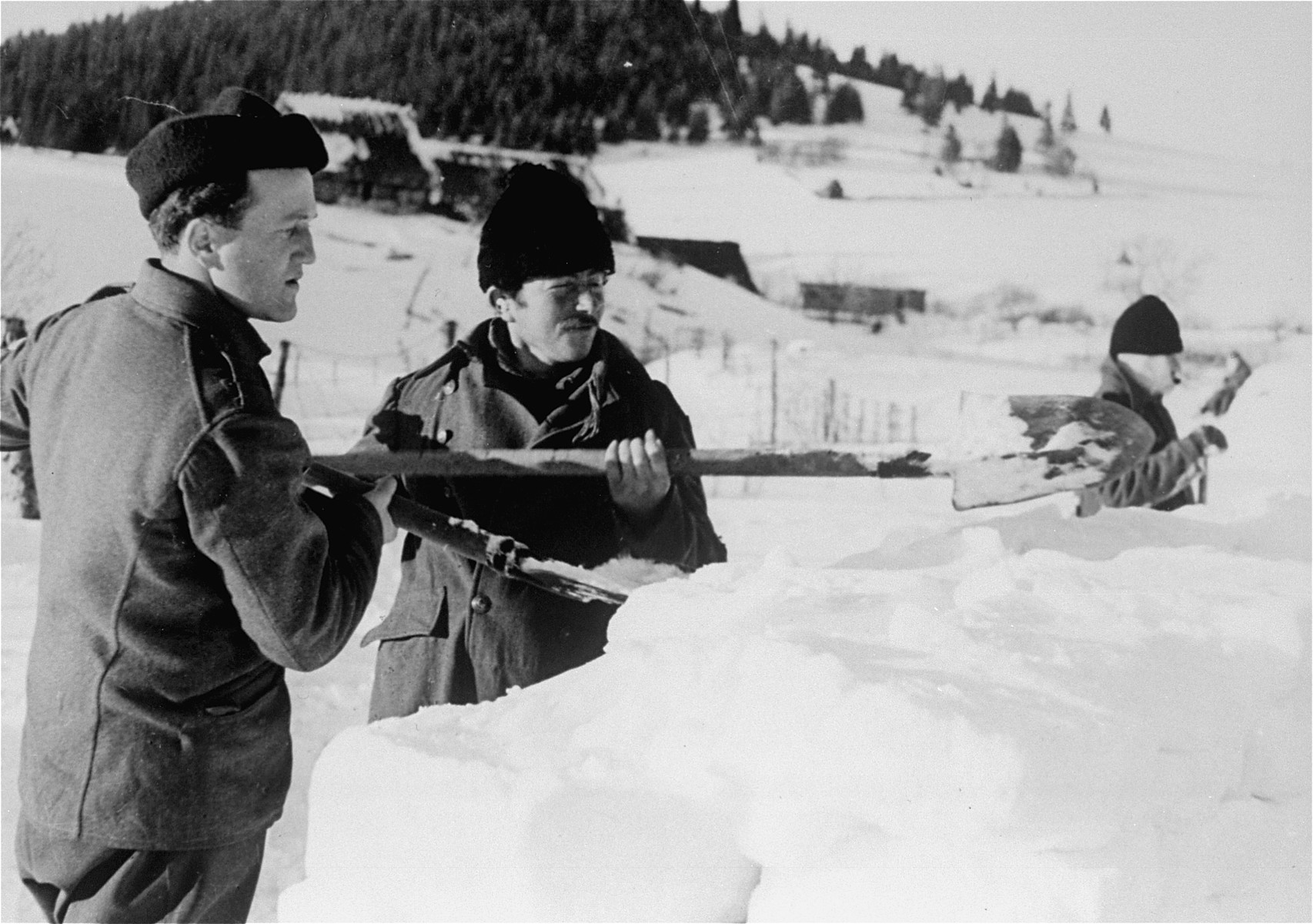 Jewish conscripts in Company 108/57 of the Hungarian Labor Service at forced labor clearing snow from a road.  These men are constructing a barricade against drifting snow.