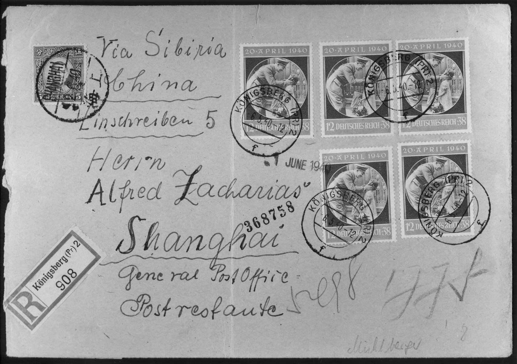 Postcard sent to Mr. Alfred Zacharias in Shanghai from Koenigsberg Germany by way of Siberia.