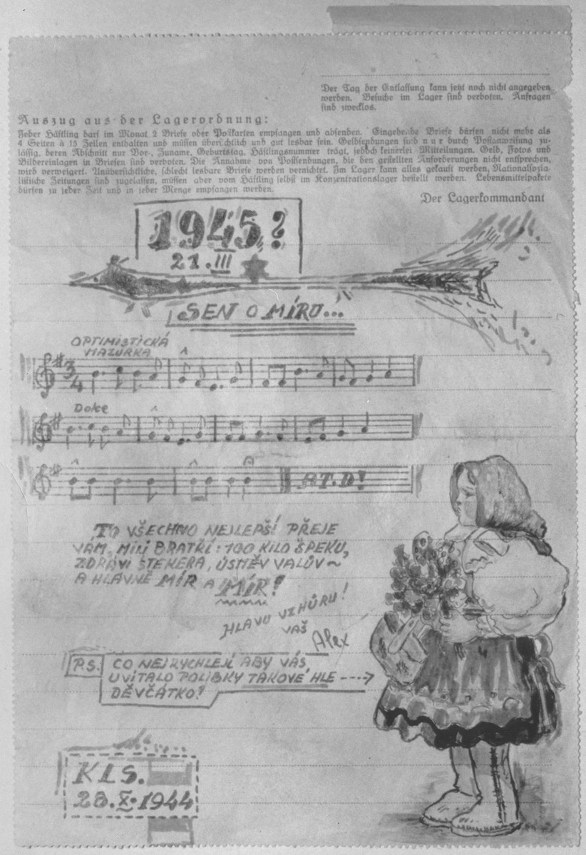 Illustration for Song "Dream of Peace." 

The hand lettering and illustrations were created by Aleksander Kulisiewicz at Sachsenhausen, for presentation to a group of Czech prisoners on October 28, 1944.
