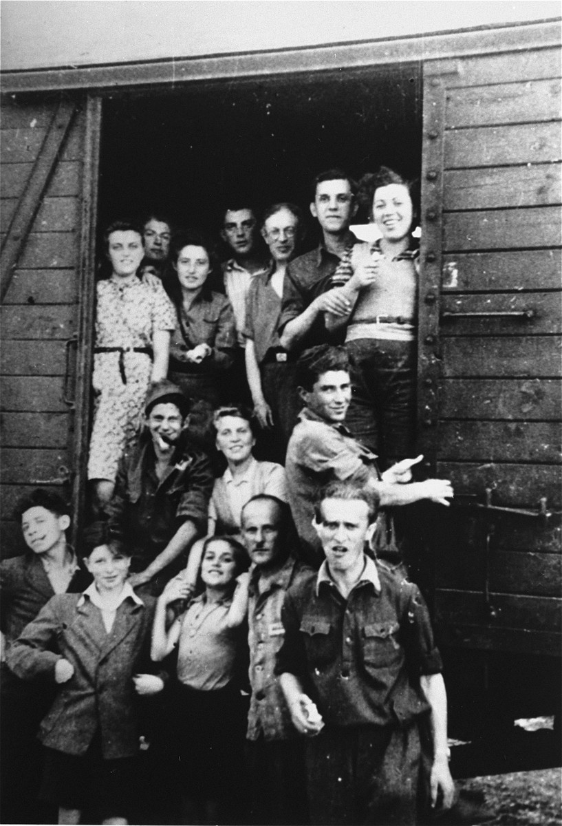 A group of young Jewish DPs on their way to Palestine via Austria and Italy, pose in the doorway of a train car.

Standing in the front, second from the left is Shie Yehoshua Zoltak, far right is Isaac Goldberg.  Standing in the freight care are Henia Zoltak (second from left) and Israel Zoltak (third from right).