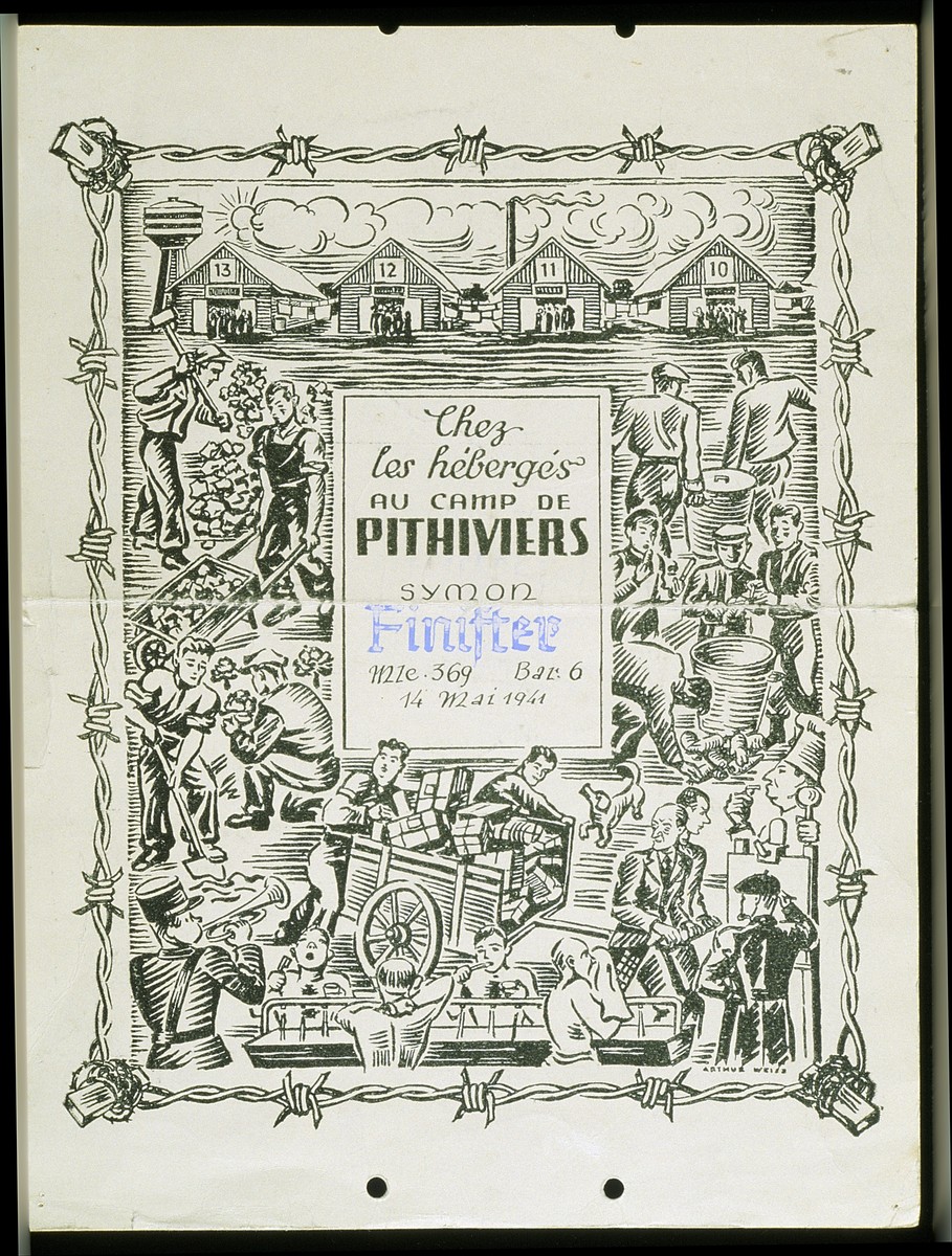Graphic entitled "Chez les hébergés au camp de Pithiviers" with the name of Pithiviers internee Symon Finifter.