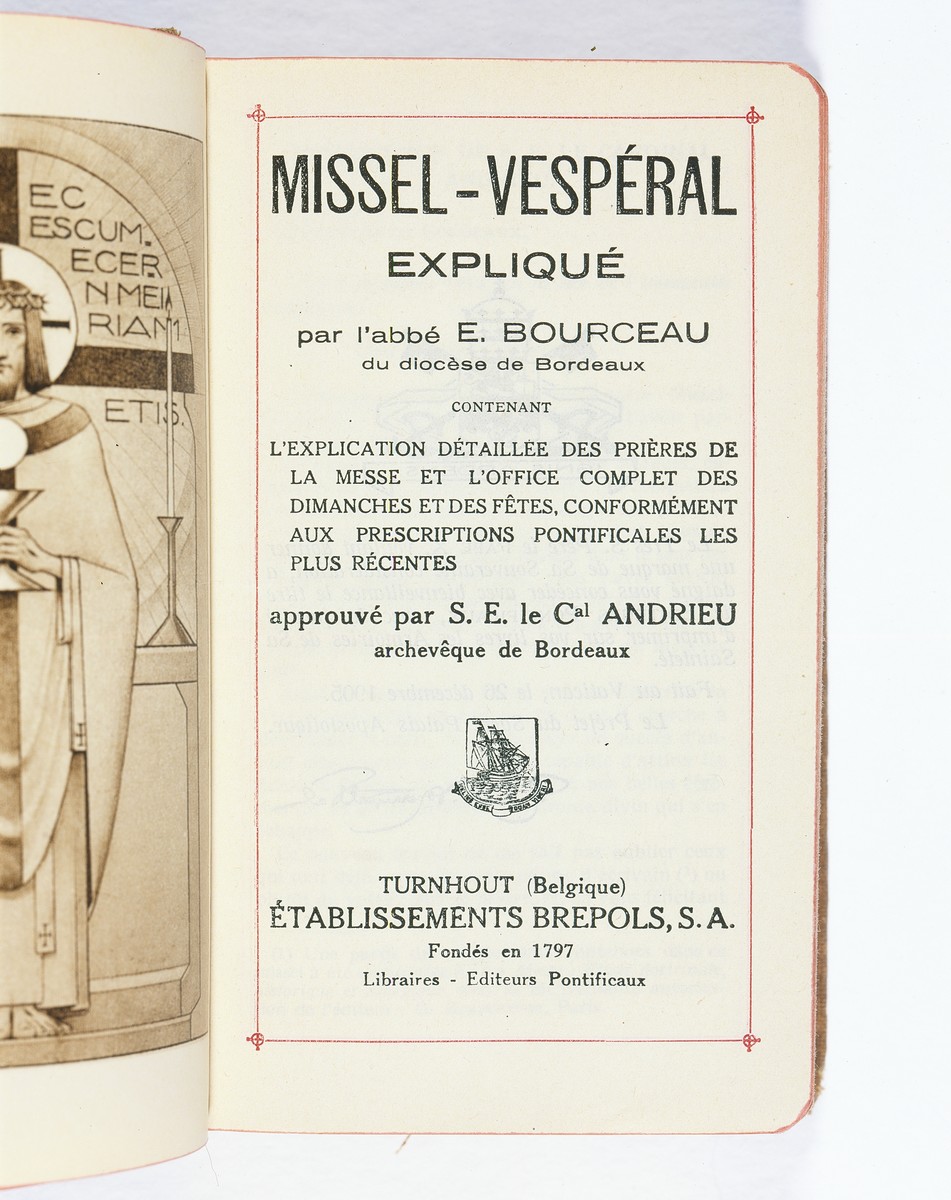The title page of a missal in French and Latin received by Sara Lamhaut while hiding at the Soeurs de Sainte Marie convent school near Brussels.  

The missal was given to Sara Lamhaut (Jeannine van Merhaegen) on the occasion of her first communion, Wezembeek-Oppem, Belgium.