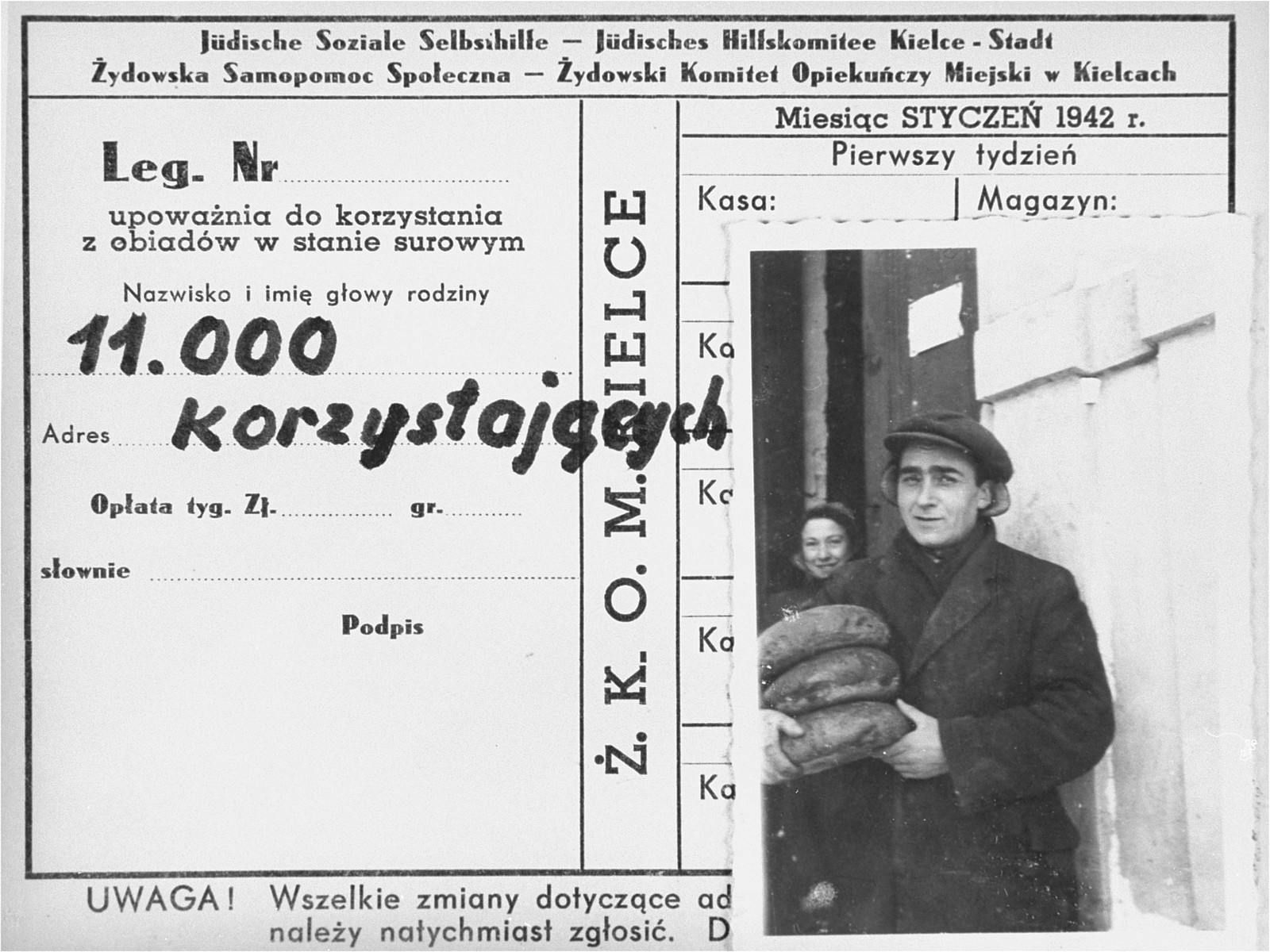 An identification card bearing a photo of a young man carrying loaves of bread in the Kielce ghetto. 

An official ID card was required to receive food rations at the soup kitchen organized by the Jewish Social Self-help Committee of the Jewish Council. 

This photo was one the images included in an official album prepared by the Judenrat of the Kielce ghetto in 1942.