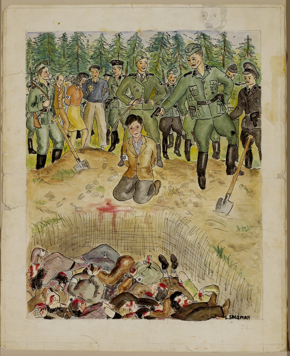 Drawing of an execution at a mass open grave by George L. Salton.