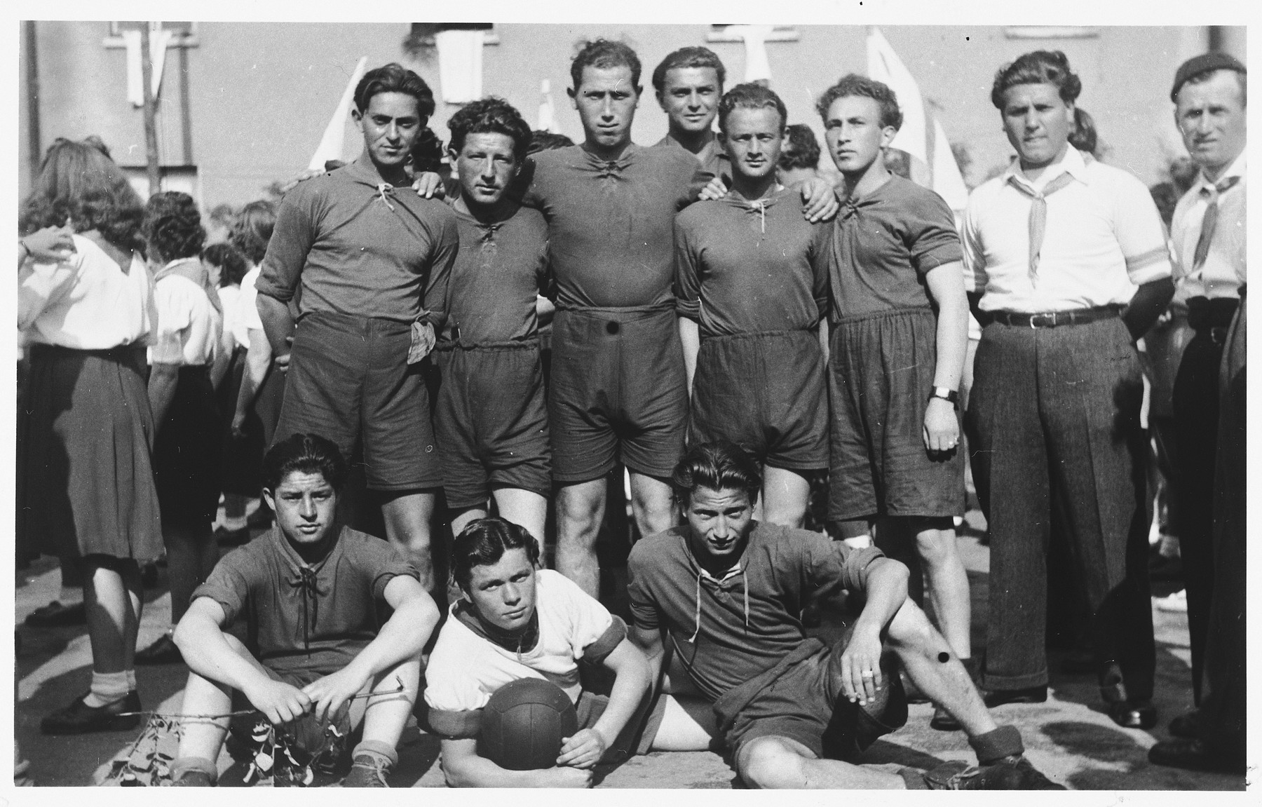 Group portrait of members of a soccer team in the Bergen-Belsen displaced persons camp.