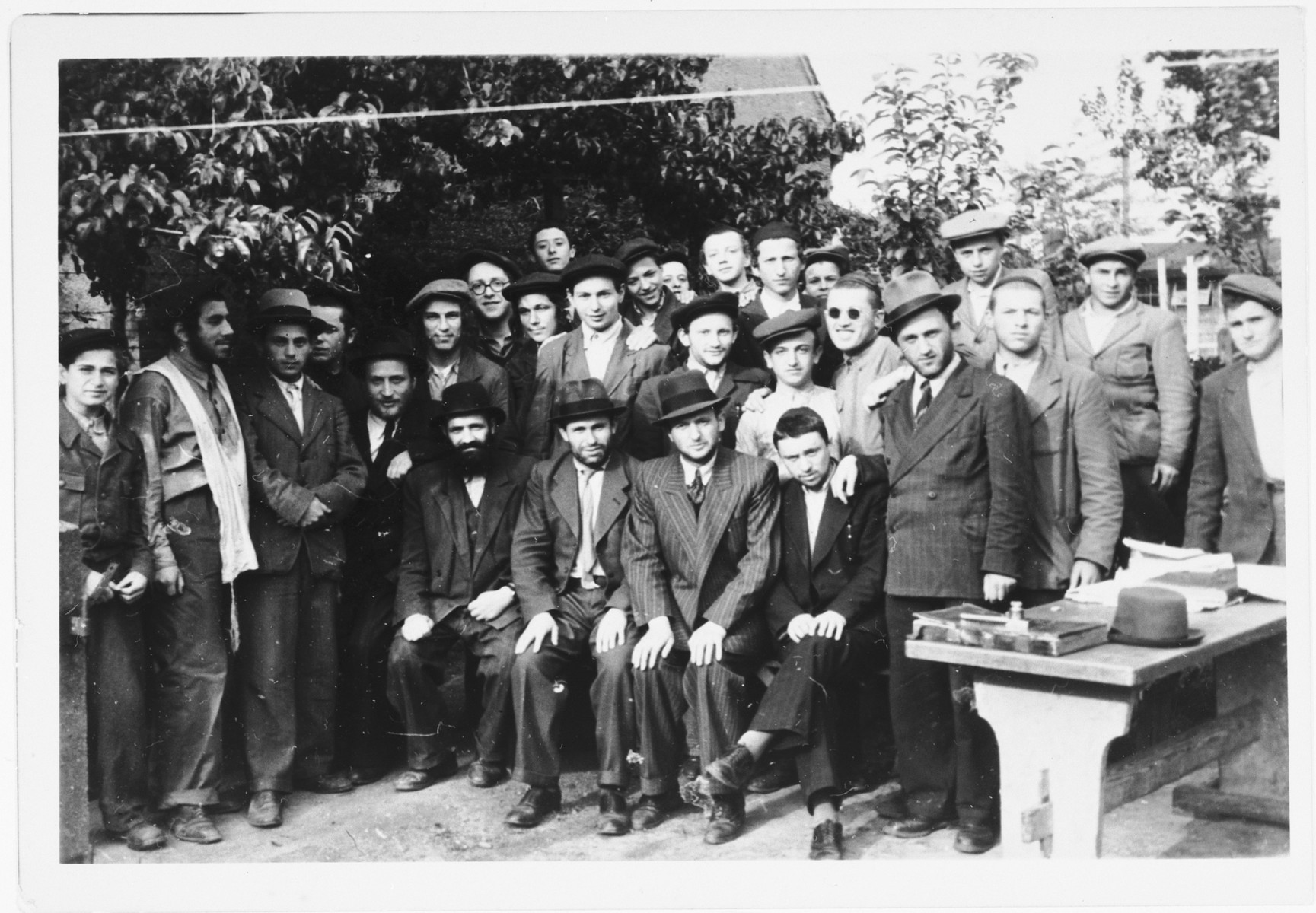 Group protrait of Orthodox men and boys [probably yeshiva students] in the Zeilsheim displaced persons' camp.