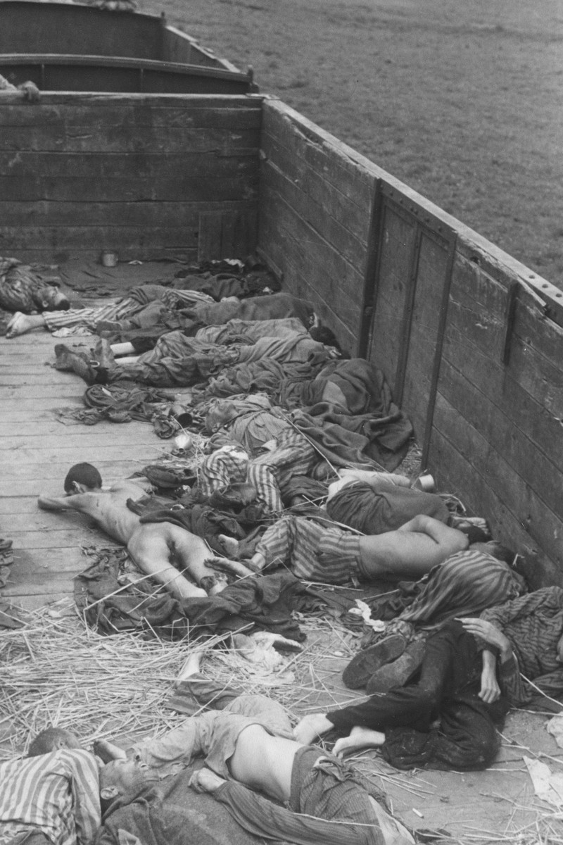 Corpses in a death train in Dachau.
