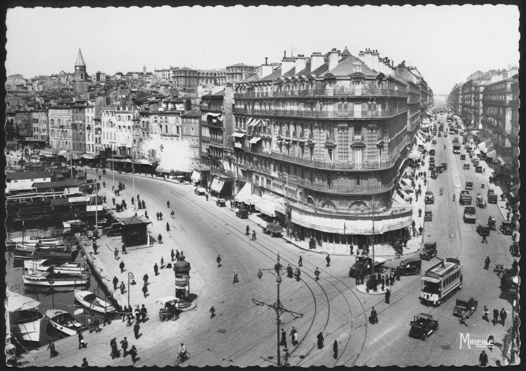 Postcard showing a view of a major intersection in Marseilles, France.