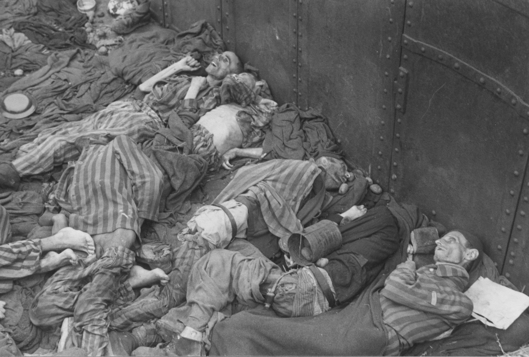 Corpses in a death train in Dachau.