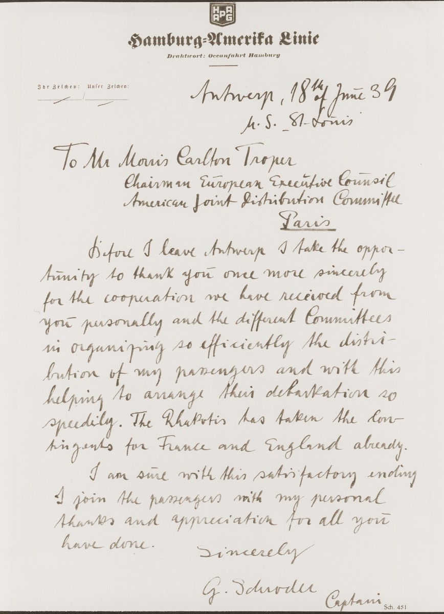 Thank you note to Morris Troper from the Captain of the St. Louis for his help in finding countries that would accept the passengers of the St. Louis.