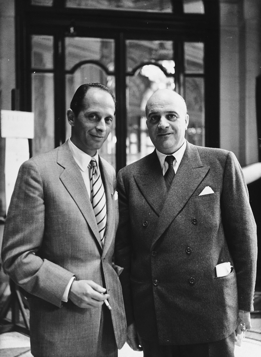 Gerhart Riegner (left) with another person at the Meeting of the World Jewish Congress in Montreux, Switzerland