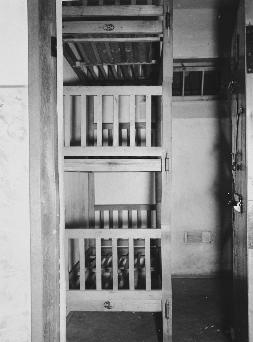 Interior view of an individual cell in the prison in the Dachau concentration camp.