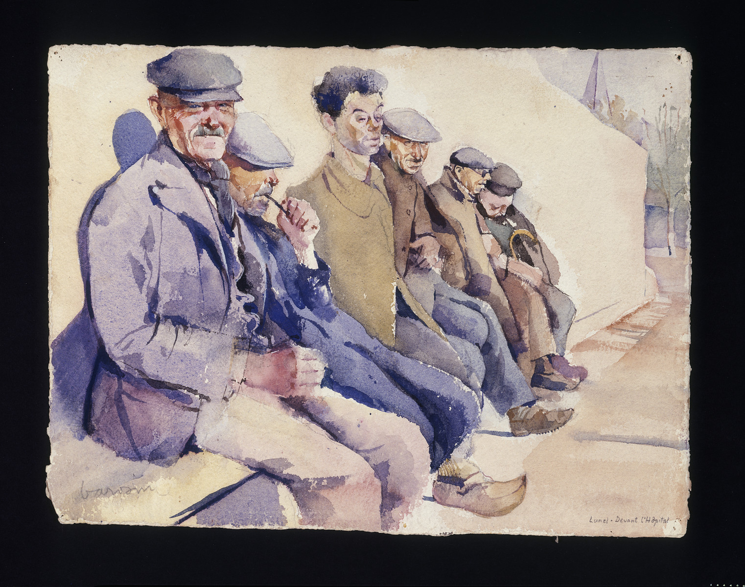 Painting by Jacob Barosin of men sitting outside on a bench.  The painting is entitled "In front of the hospital".