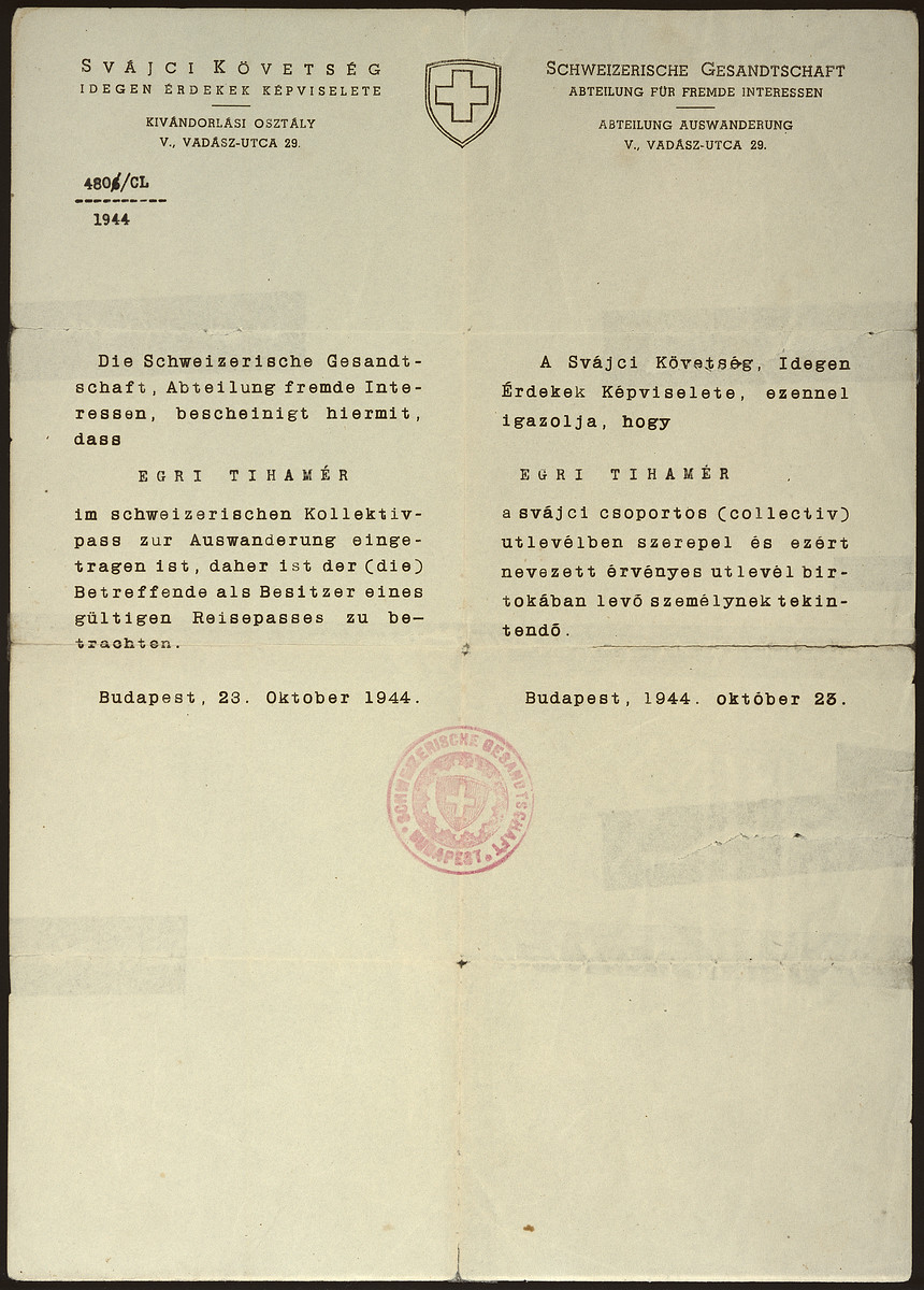 Shutzpass issued by the Swiss consulate to Tihamer Pal.
