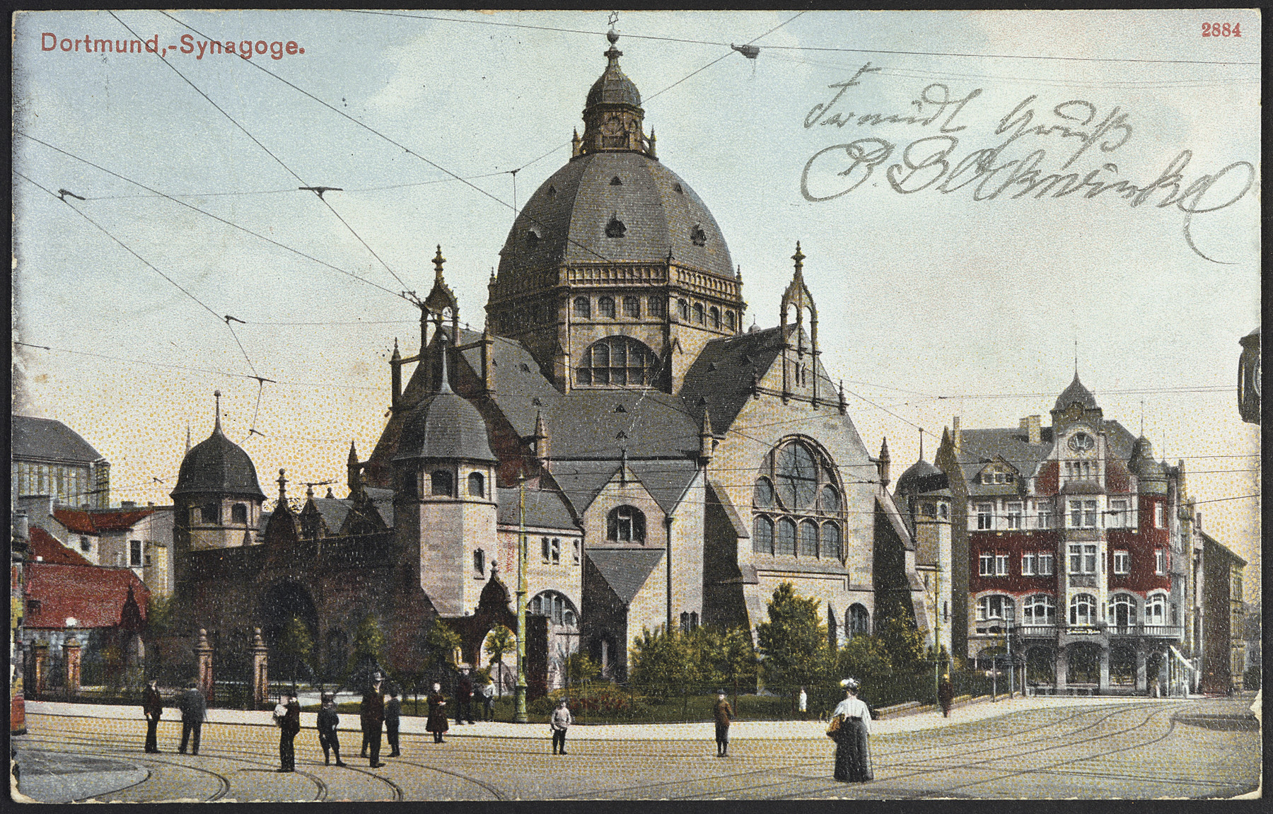 Picture postcard showing an exterior view of the synagogue in Dortmund, Germany.