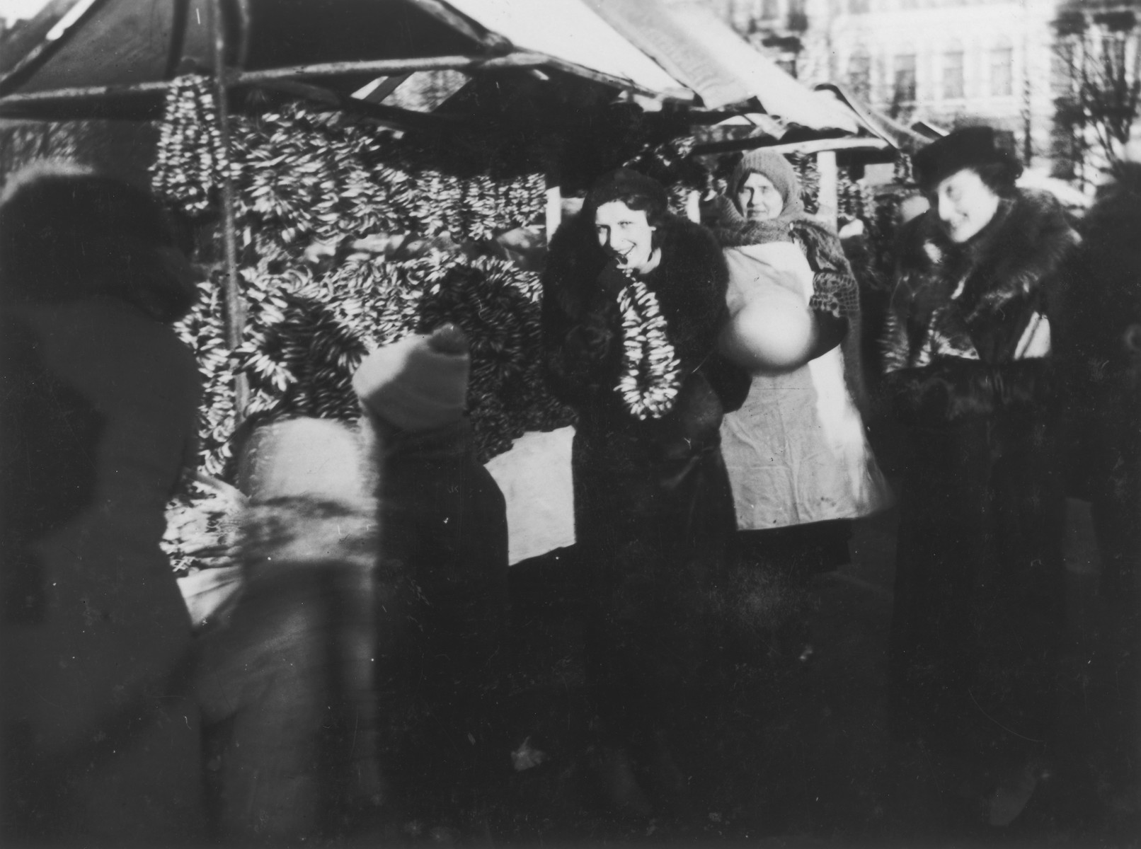 Two Jewish women visit the outdoor mushroom market in Vilna.

Raya Markon is pictured on the left; Raya Lewin is on the right.