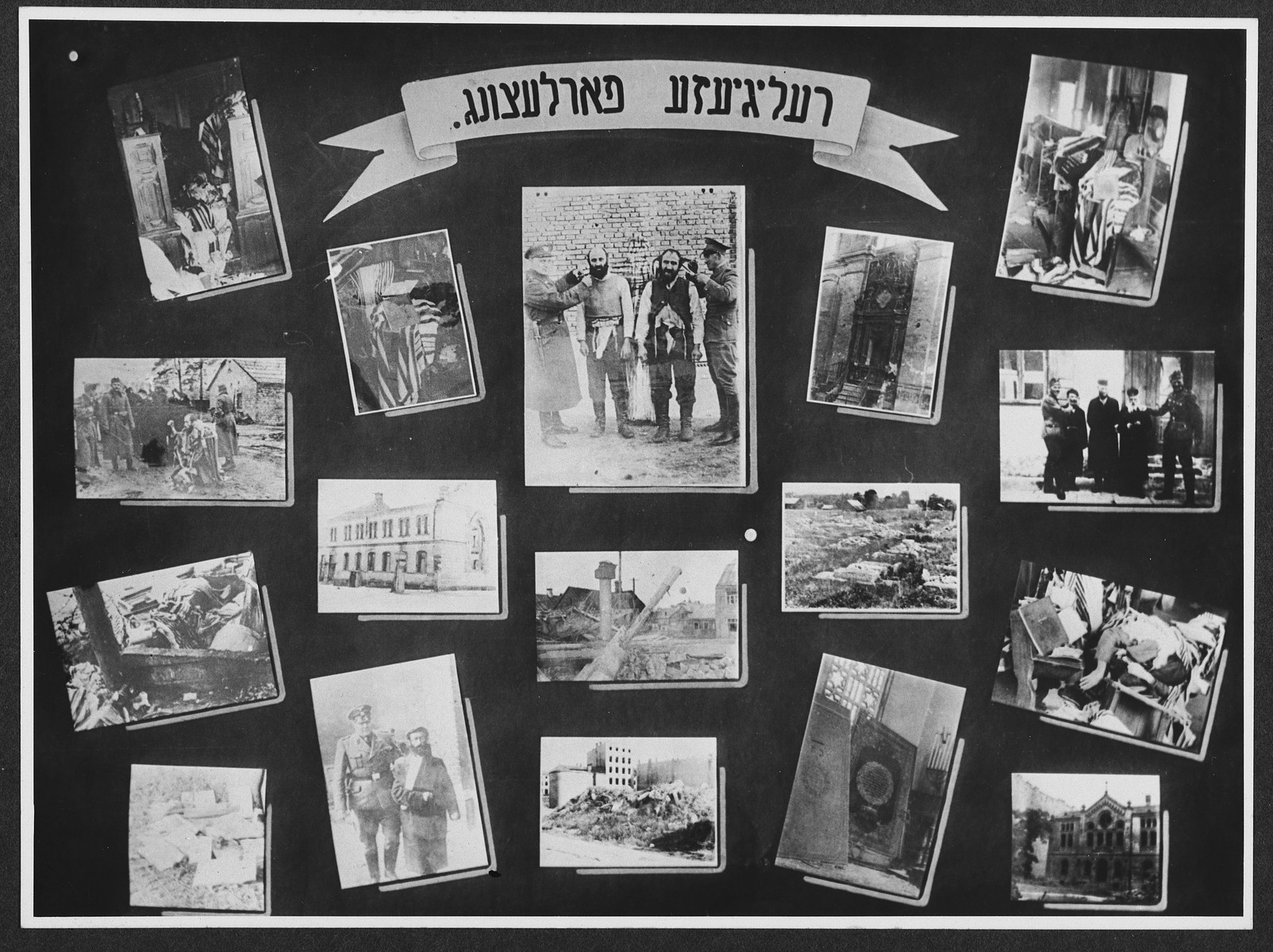 Display panel from a photo exhibition on the Holocaust entitled, "Destruction of Religion" created by photographer George Kaddish in a displaced persons' camp.

The exhibition consisted both of photographs that he shot in the Kovno ghetto as well as other photographs he collected from other ghettos and camps.