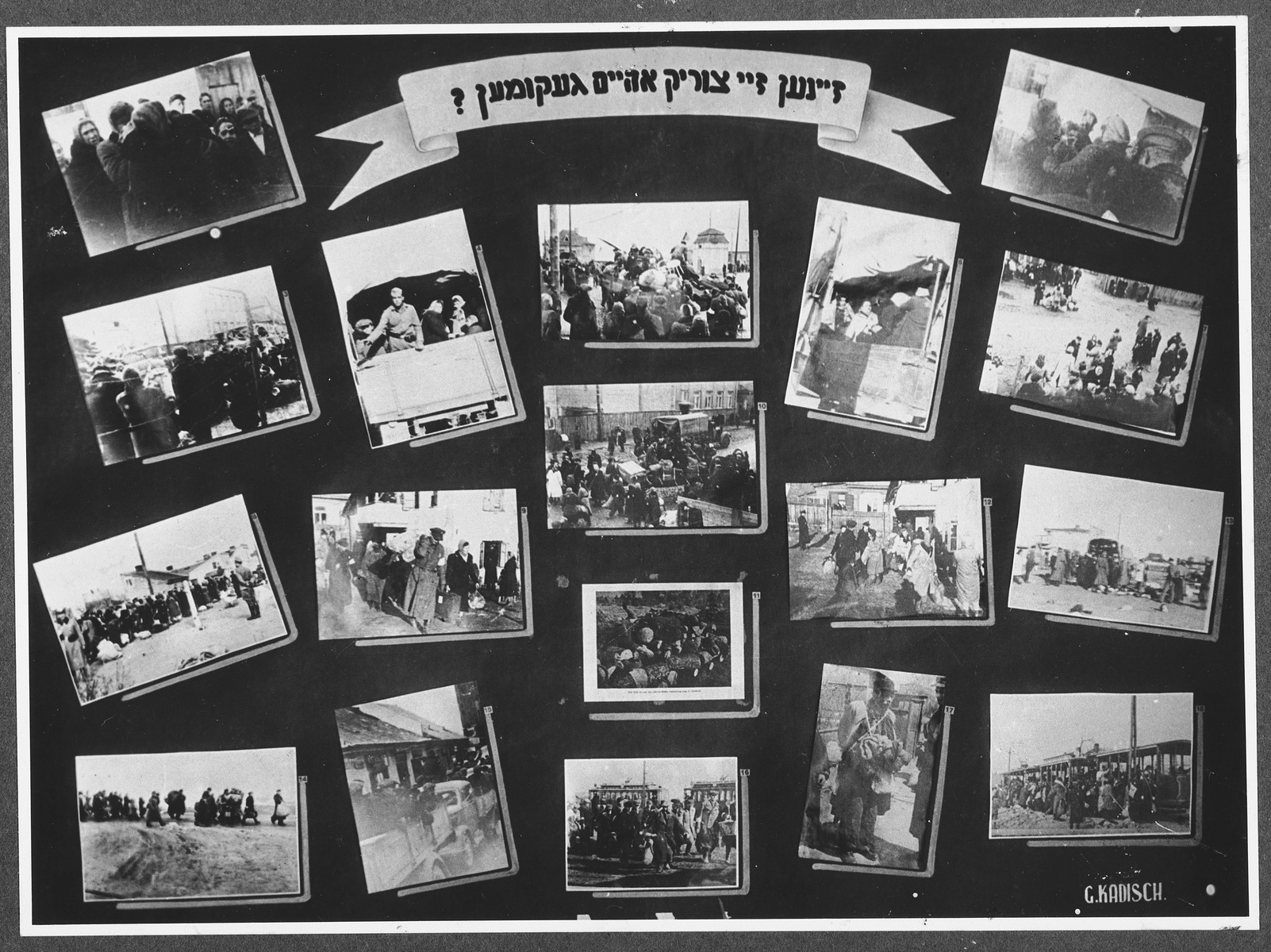 Display panel from a photo exhibition on the Holocaust entitled, "Did They Come Back?" created by photographer George Kaddish in a displaced persons' camp.

The exhibition consisted both of photographs that he shot in the Kovno ghetto as well as other photographs he collected from other ghettos and camps.