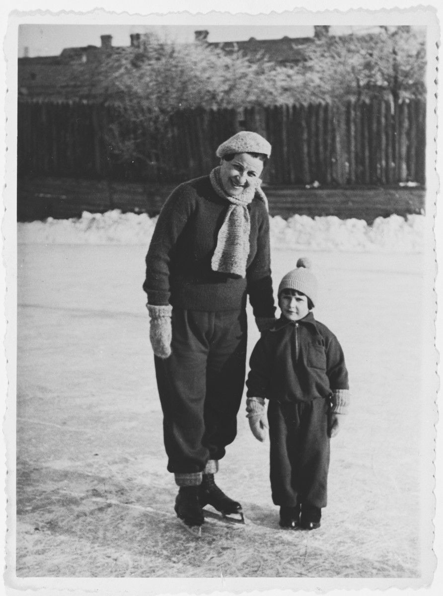 A Jewish mother and her son ice skating in Grodno, Poland.

Pictured are Estera Blumstein and her son Alexandre.