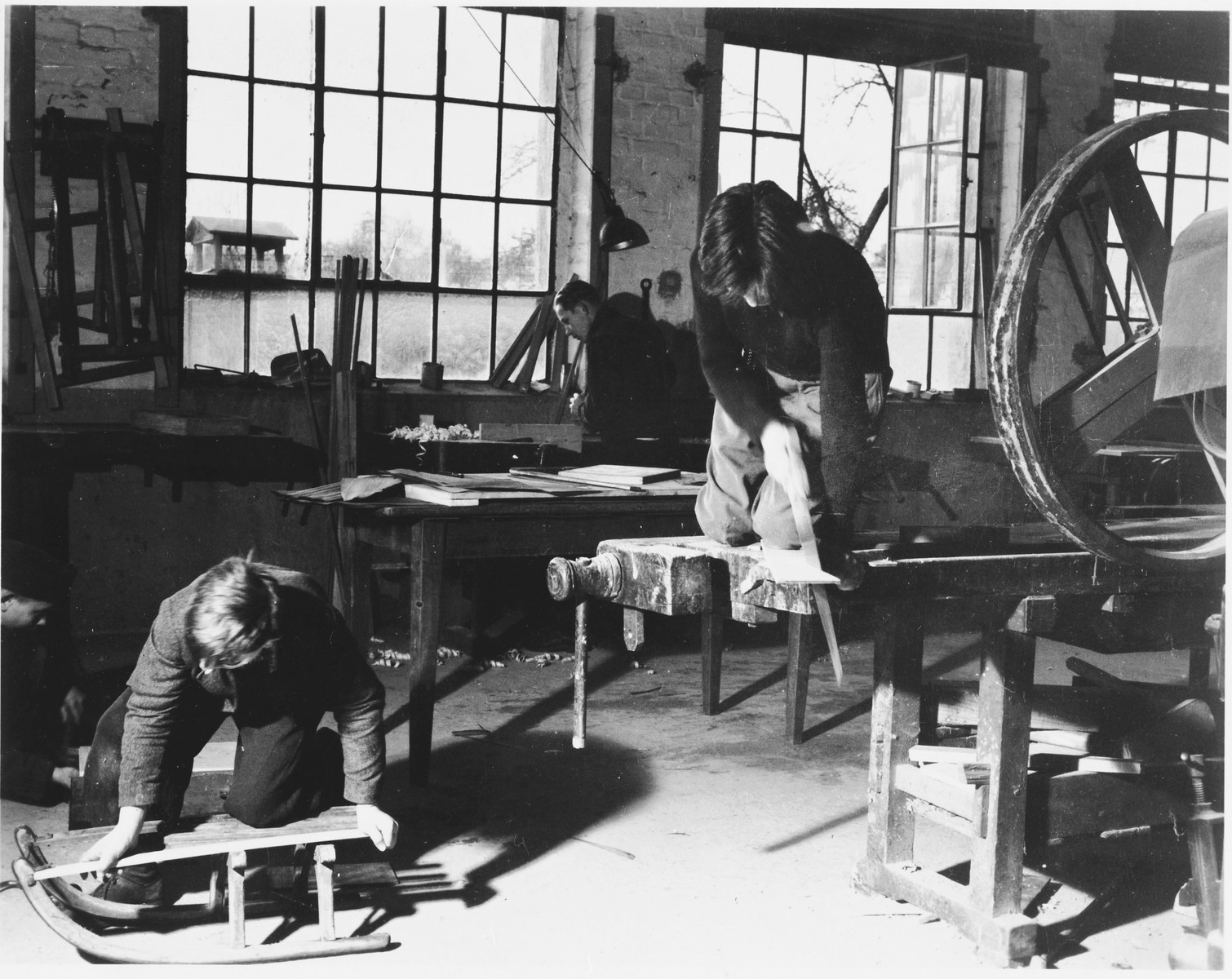 Jewish youth learn carpentry in a vocational school in either the Foehrenwald or Windsheim displaced persons' camp.