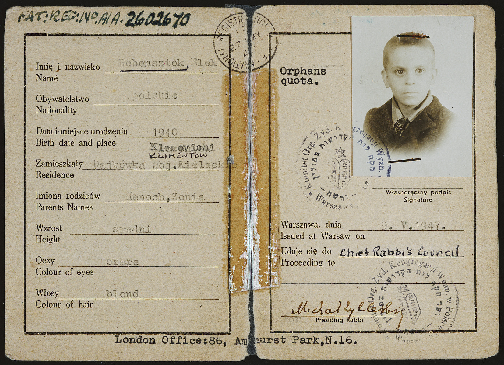 Identification card issued to Elek Rebensztok by the Central Council of Jewish Congregations of Poland and stamped by British immigration authorities allowing him to provisionally enter the country under the orphans' quota.

The conditions listed on the back side read, "The holder is permitted to land at Leith subject to the following condition namely that he/she registers at once with the police on attaining the age of sixteen years, that he/she does not enter any employment without consent of the Ministry of Labour and National Services and that he/she emigrate from the United Kingdom at the earliest opportunity.