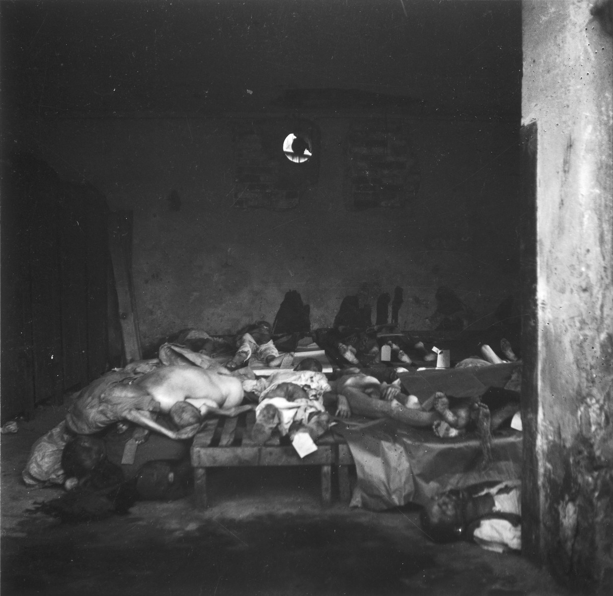 View inside a shed used as a morgue in the Warsaw ghetto cemetery.

Joest's original caption reads: "Some carts had already been unloaded and the dead lay upon wooden slats.  Some, but not all, had name tags on their feet."