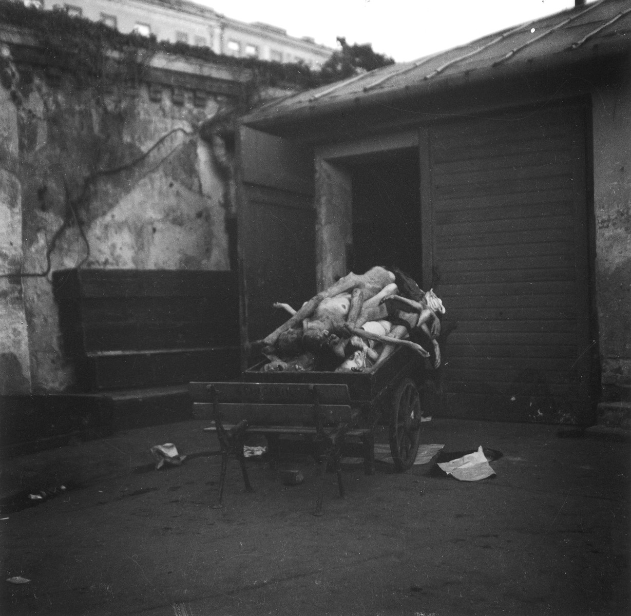 A cart filled with corpses of Jews who died in the Warsaw ghetto, awaiting mass burial at the Jewish cemetery.

Joest's original caption reads: "Most of the dead were brought to mass graves with no covering at all."