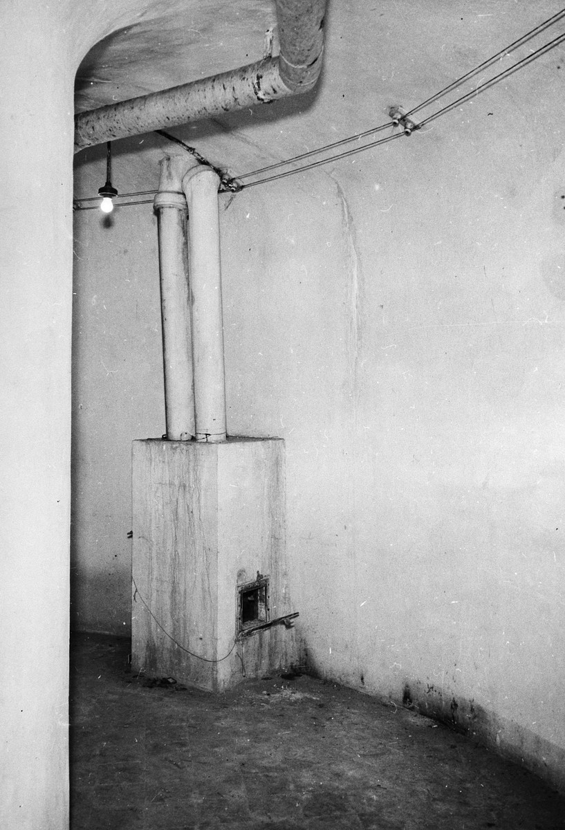 Interior view of a circular room known as the "Gas Chamber" which was used as a mortuary.