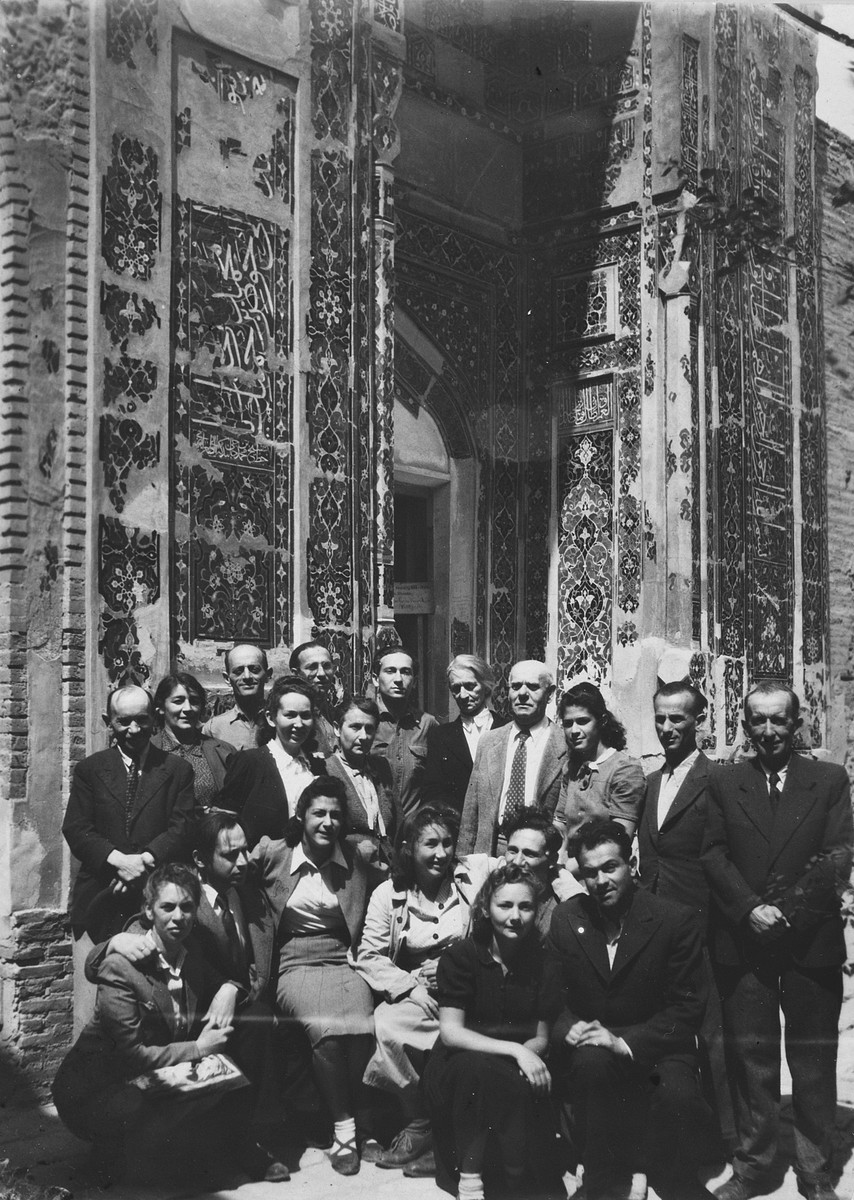 Group portrait of Jewish refugees in Samarkand in front of Tamarlane's tomb.

Among those pictured are the donor Marc Ratner (top row, center) and his mother Gustava Ratner (second row, third from the left).  Also pictured are Hanka Lichtson, Henry Altman, Hanka's parents, Ida and Hala Milikowska , Zosia Weis, and Jakub Bernard (Yakov Dov) Tobias (front row, far right).