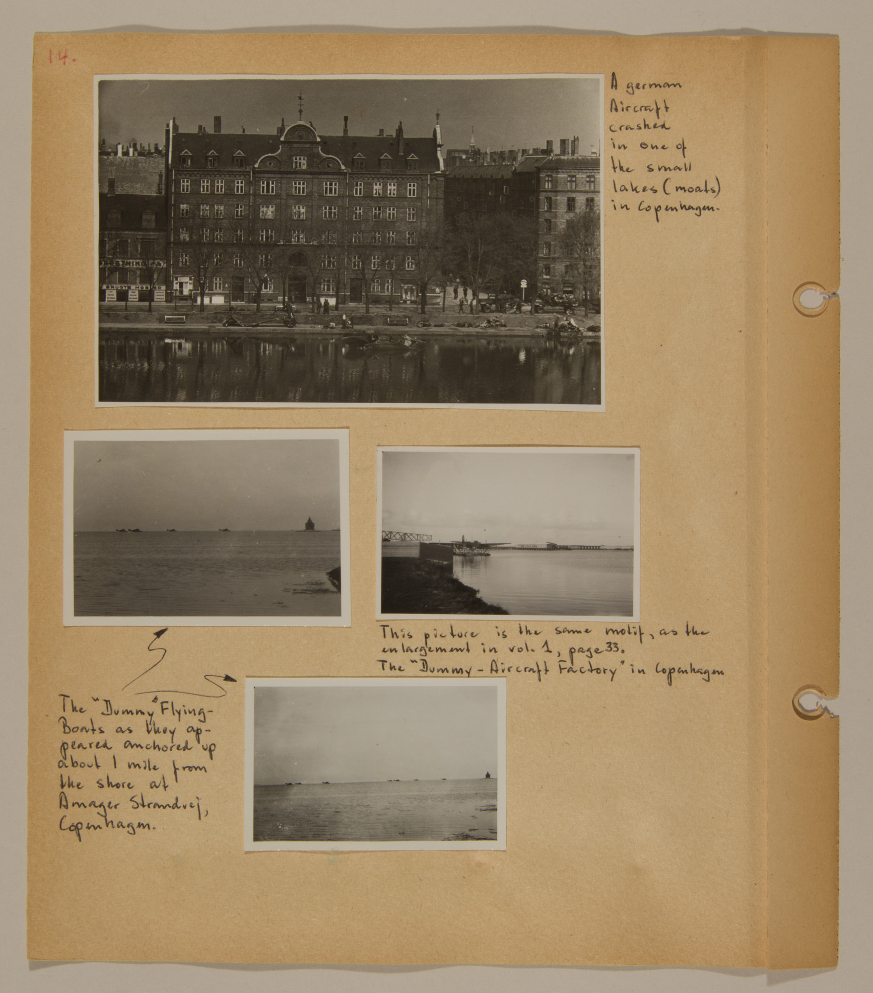 Page from volume two of a set of scrapbooks compiled by Bjorn Sibbern, a Danish policeman and resistance member, documenting the German occupation of Denmark.

This page has photographs of a downed German aircraft and a dummy aircraft factory.