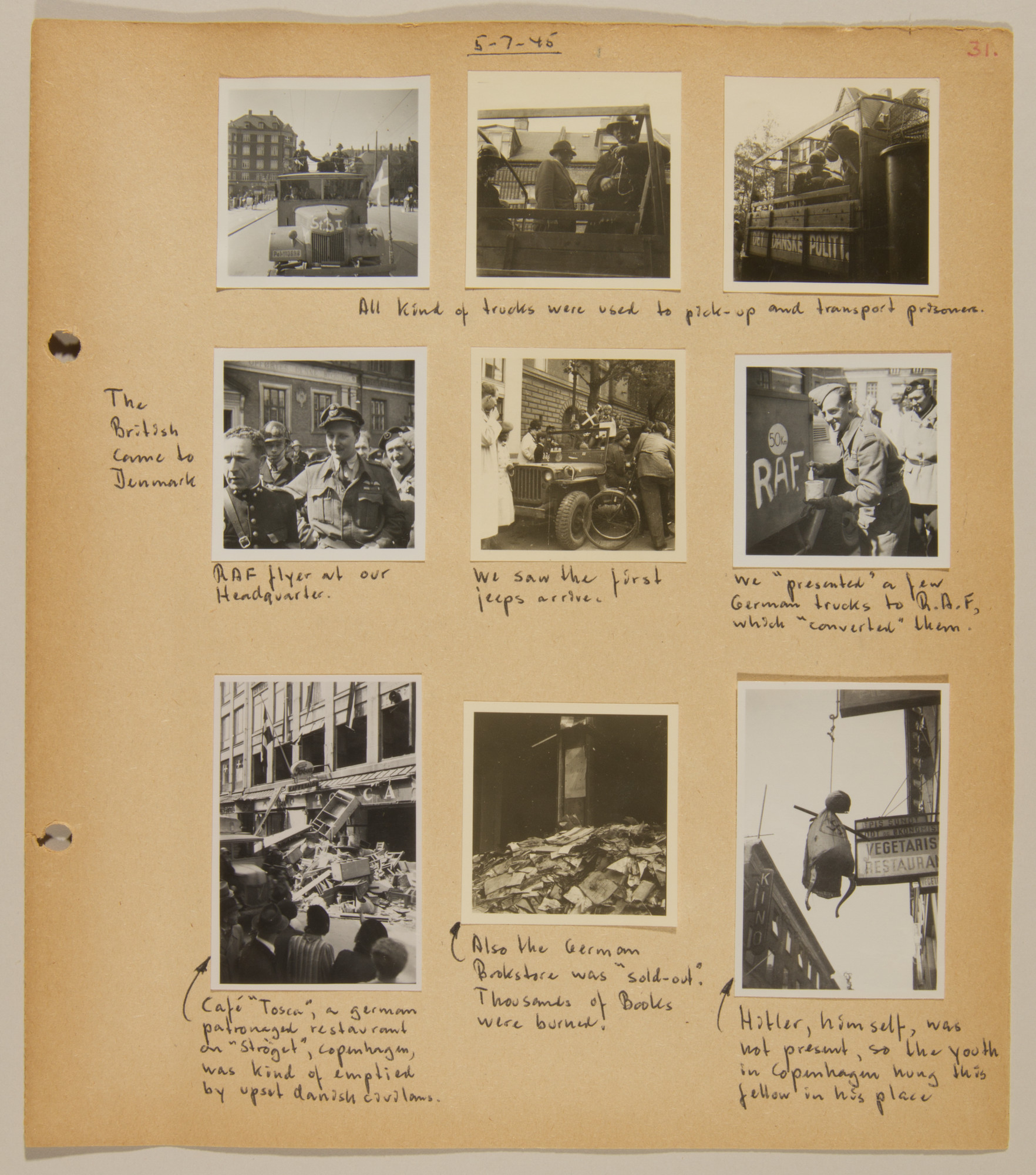 Page from volume five of a set of scrapbooks compiled by Bjorn Sibbern, a Danish policeman and resistance member, documenting the German occupation of Denmark.

This page contains photographs of the end of the Nazi occupation of Denmark.
