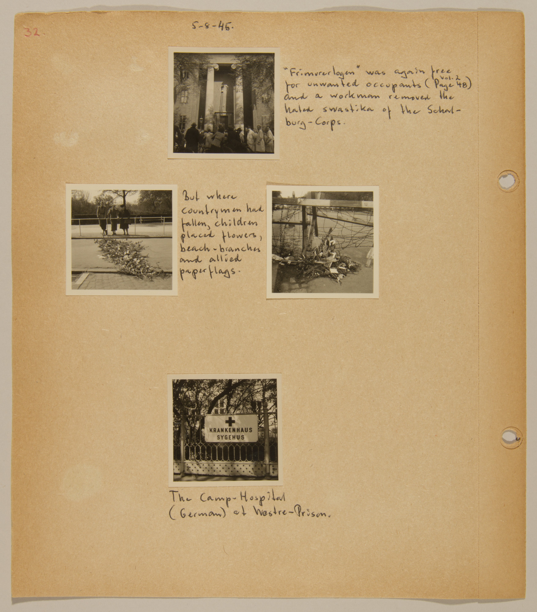 Page from volume five of a set of scrapbooks compiled by Bjorn Sibbern, a Danish policeman and resistance member, documenting the German occupation of Denmark.

This page contains photographs of the end of the Nazi occupation of Denmark.