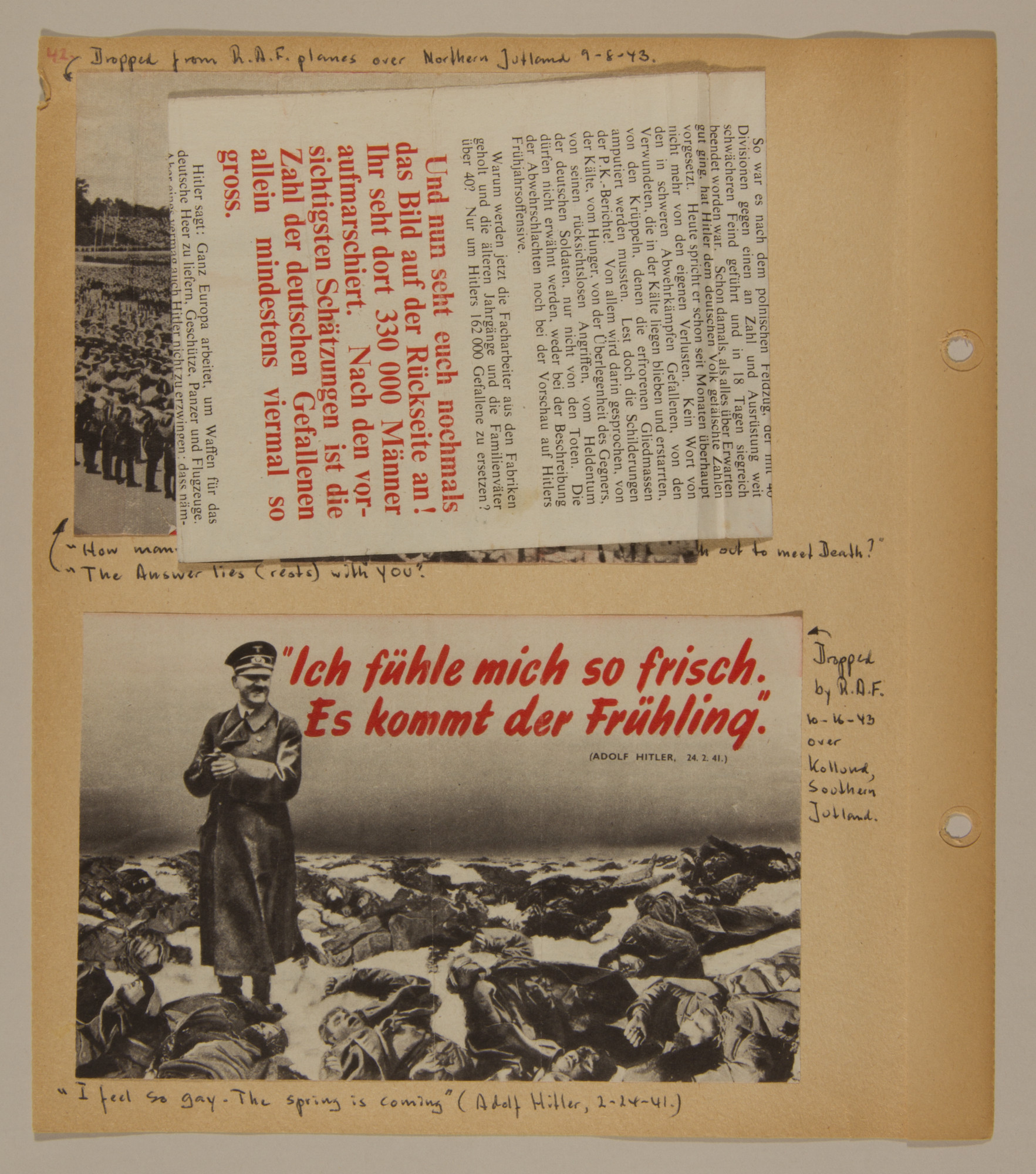 Page from volume two of a set of scrapbooks compiled by Bjorn Sibbern, a Danish policeman and resistance member, documenting the German occupation of Denmark.

This page contains anti-Nazi handbills air-dropped over Denmark.