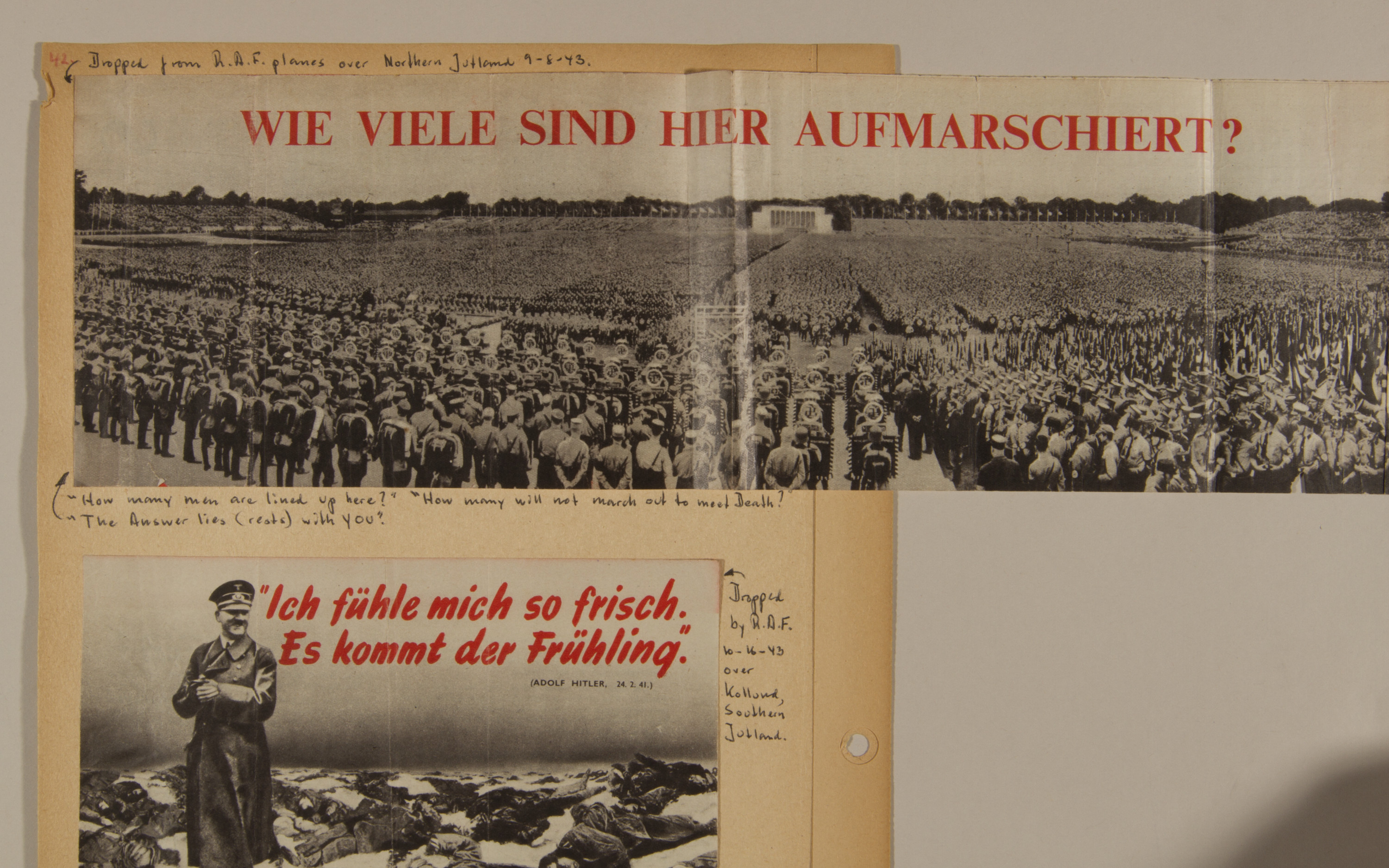 Page from volume two of a set of scrapbooks compiled by Bjorn Sibbern, a Danish policeman and resistance member, documenting the German occupation of Denmark.

This page contains anti-Nazi handbills air-dropped over Denmark.