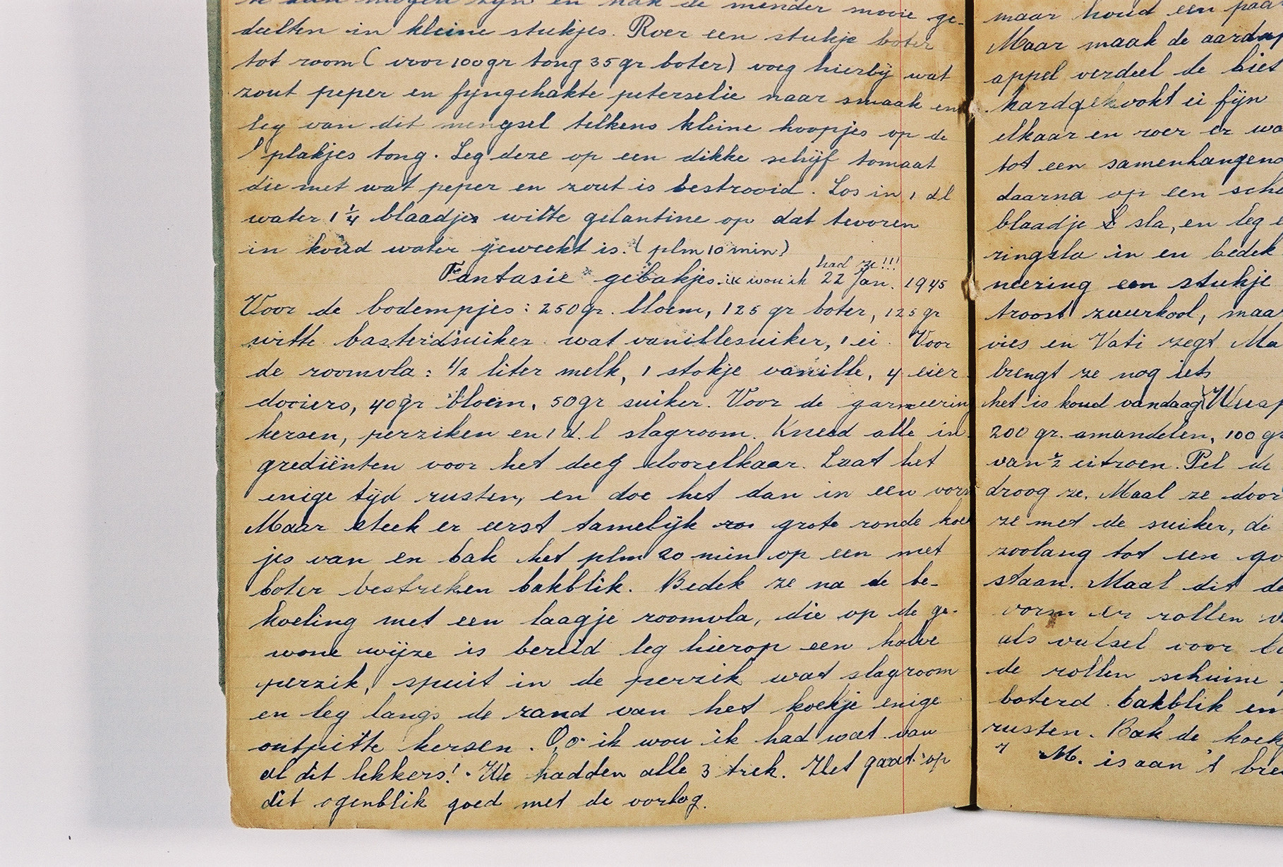 A detail of a page from a diary written by Susie Grunbaum Schwarz while in hiding.  She disguised the diary in the form of a cookbook written in several languages.