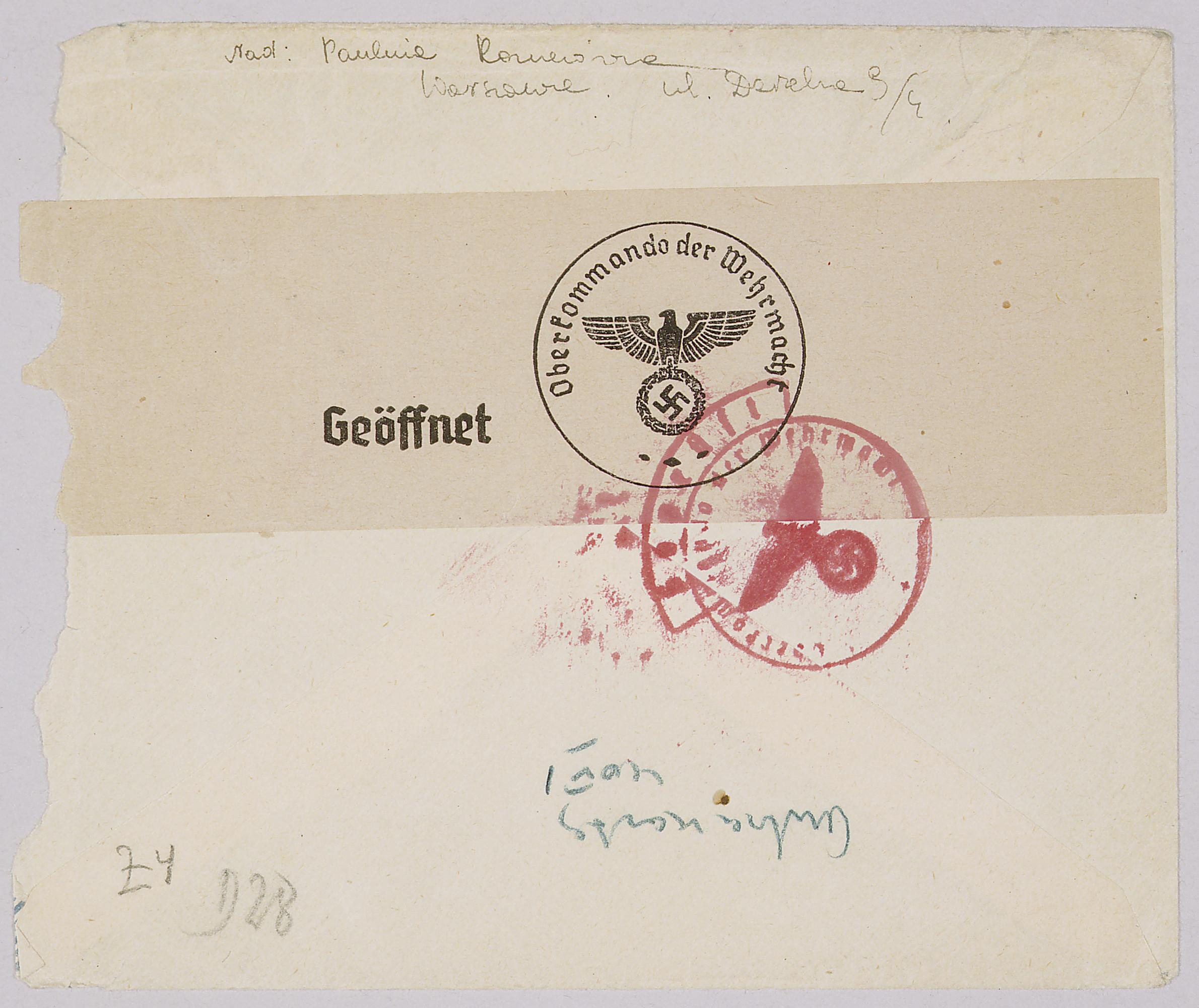 Verso of an envelope containing a letter sent from Warsaw to New York. It shows multiple German censor stamps, including paper stamps as well as ink stamp cancellations.