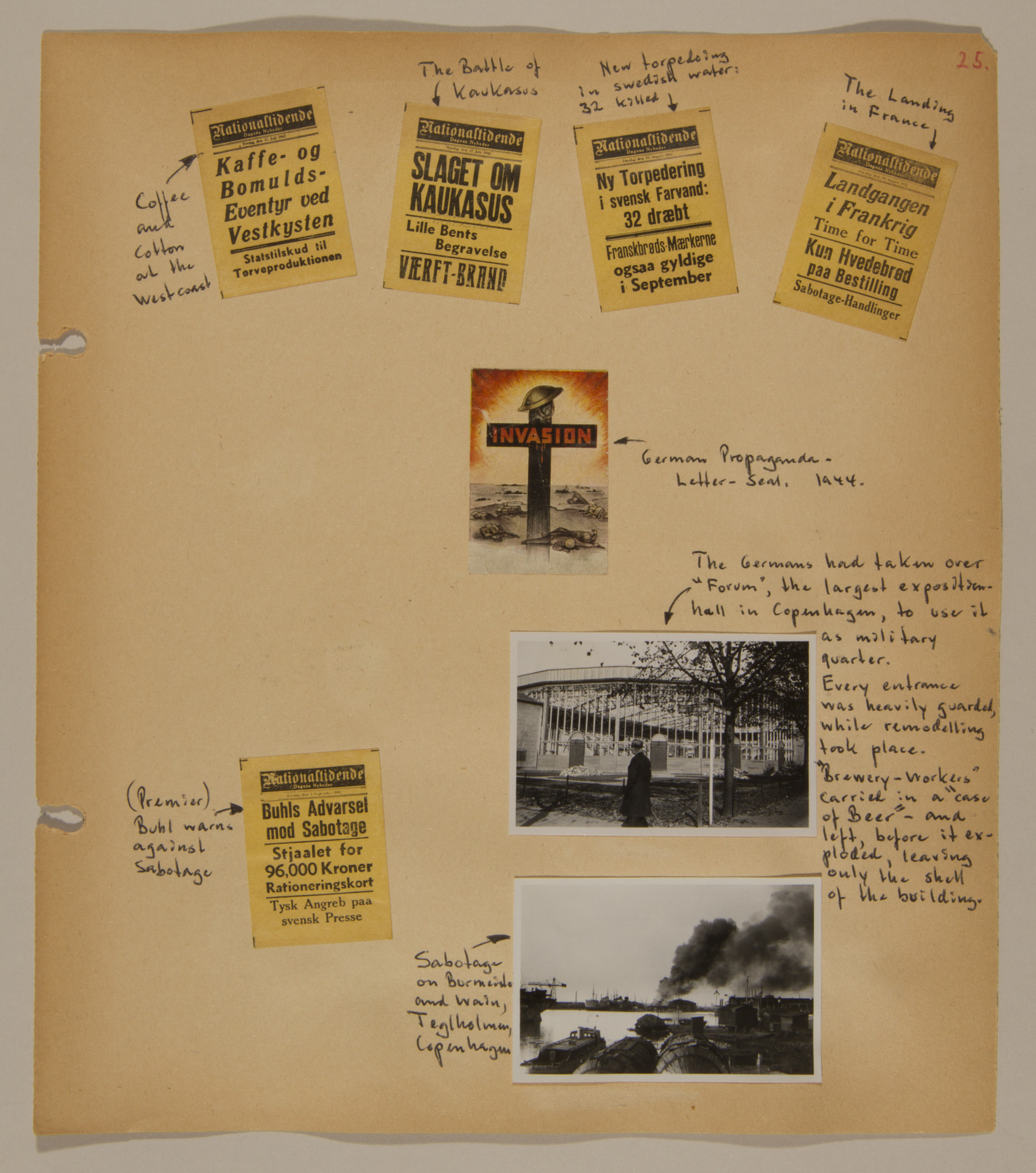 Page from volume three of a set of scrapbooks compiled by Bjorn Sibbern, a Danish policeman and resistance member, documenting the German occupation of Denmark.

This page contains newspaper headlines as well as a photos of sabotage.