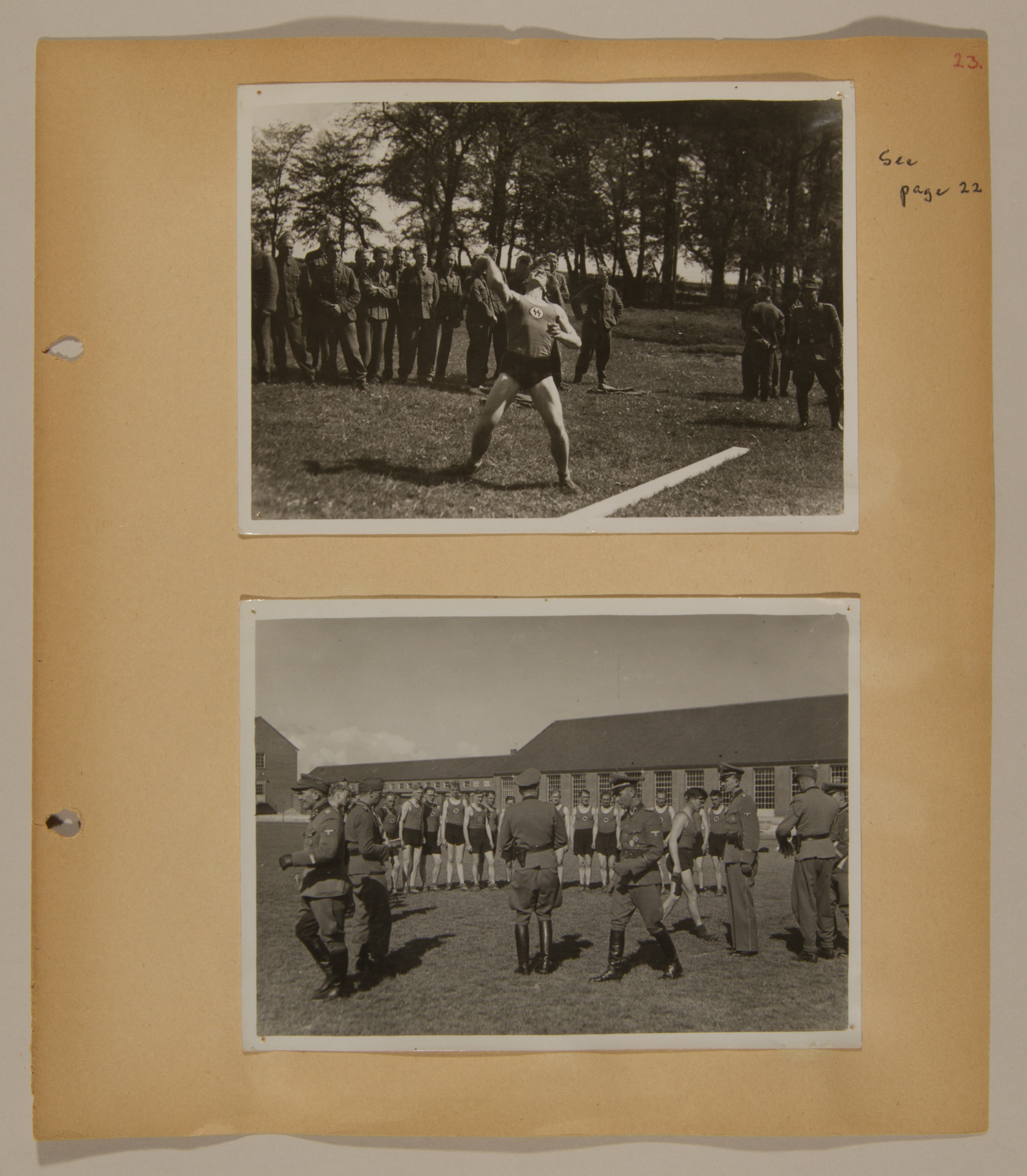 Page from volume three of a set of scrapbooks compiled by Bjorn Sibbern, a Danish policeman and resistance member, documenting the German occupation of Denmark.

This page contains photos of Danish SS at a sporting event that were later used in Danish war crimes trials.